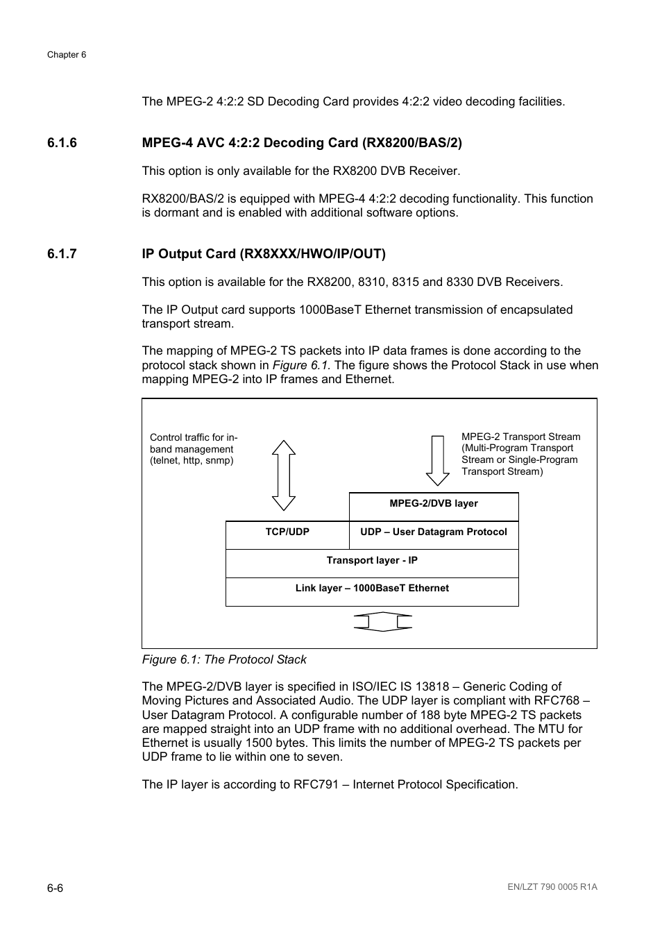 6 mpeg-4 avc 4:2:2 decoding card (rx8200/bas/2), 7 ip output card (rx8xxx/hwo/ip/out), Mpeg-4 avc 4:2:2 decoding card (rx8200/bas/2) -6 | Ip output card (rx8xxx/hwo/ip/out) -6, Figure 6.1: the protocol stack -6 | Ericsson RX8000 Series User Manual | Page 164 / 236