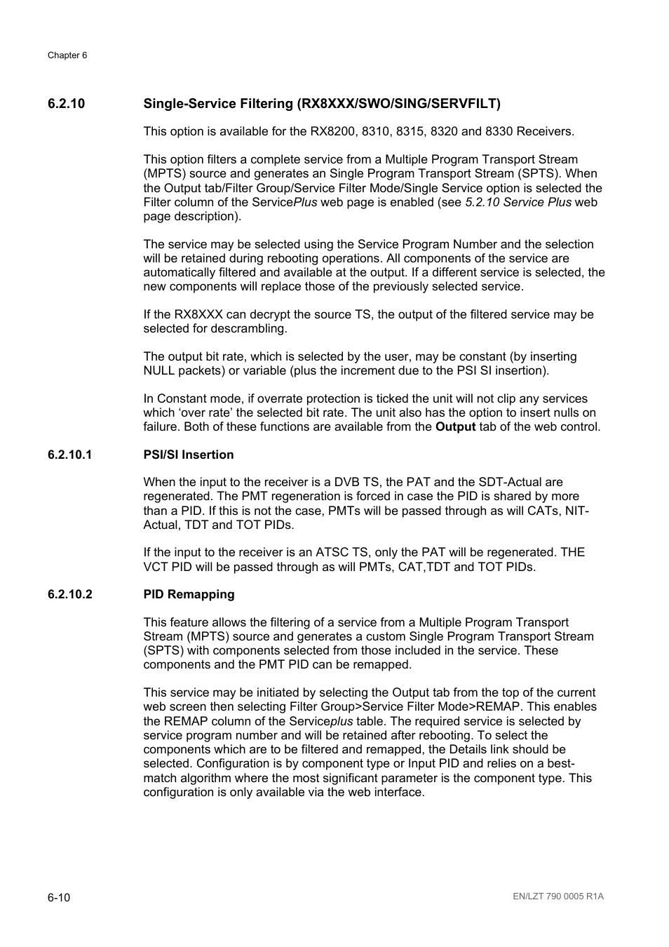 1 psi/si insertion, 2 pid remapping, Psi/si insertion -10 | Pid remapping -10 | Ericsson RX8000 Series User Manual | Page 168 / 236