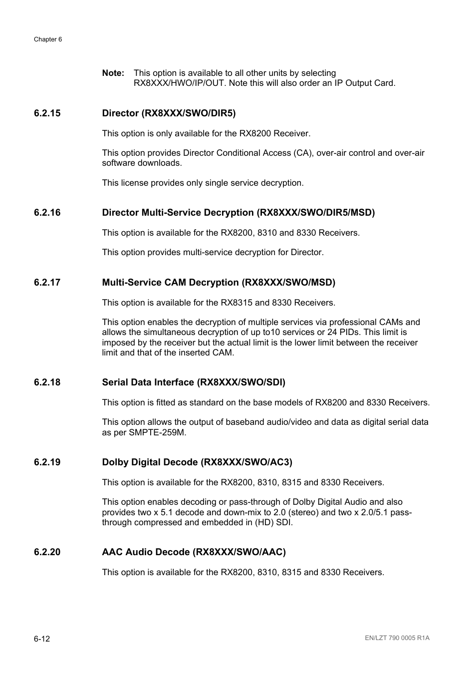 15 director (rx8xxx/swo/dir5), 17 multi-service cam decryption (rx8xxx/swo/msd), 18 serial data interface (rx8xxx/swo/sdi) | 19 dolby digital decode (rx8xxx/swo/ac3), 20 aac audio decode (rx8xxx/swo/aac), Director (rx8xxx/swo/dir5) -12, Multi-service cam decryption (rx8xxx/swo/msd) -12, Serial data interface (rx8xxx/swo/sdi) -12, Dolby digital decode (rx8xxx/swo/ac3) -12, Aac audio decode (rx8xxx/swo/aac) -12 | Ericsson RX8000 Series User Manual | Page 170 / 236