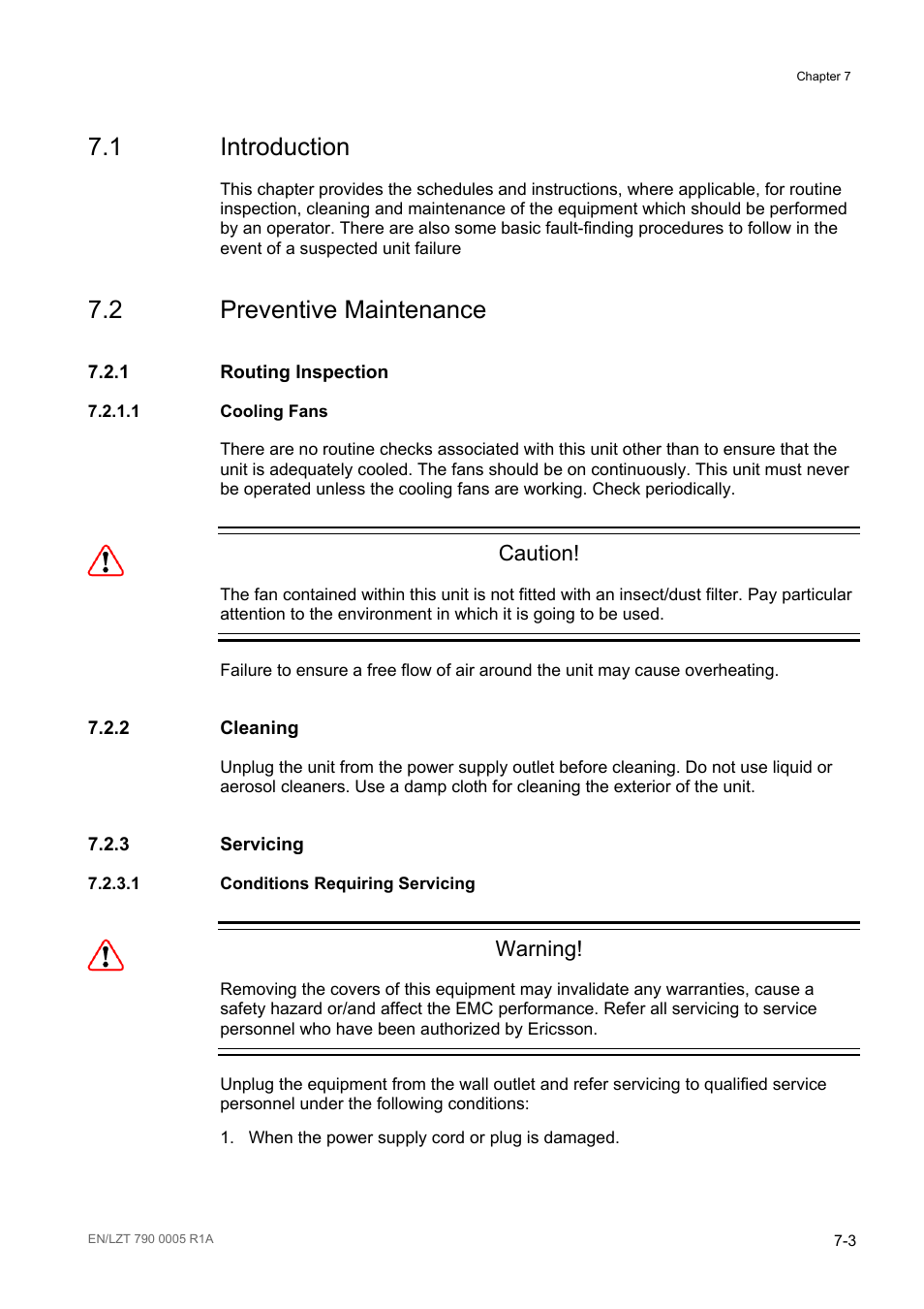 1 introduction, 2 preventive maintenance, 1 routing inspection | 1 cooling fans, 2 cleaning, 3 servicing, 1 conditions requiring servicing, Introduction -3, Preventive maintenance -3, Routing inspection -3 | Ericsson RX8000 Series User Manual | Page 177 / 236