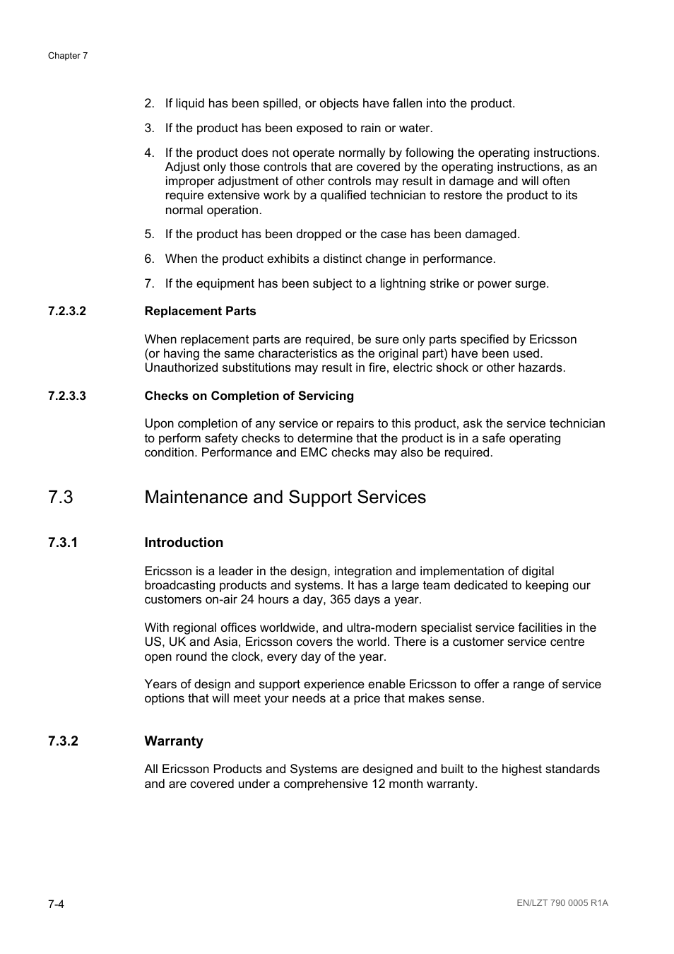 2 replacement parts, 3 checks on completion of servicing, 3 maintenance and support services | 1 introduction, 2 warranty, Replacement parts -4, Checks on completion of servicing -4, Maintenance and support services -4, Introduction -4, Warranty -4 | Ericsson RX8000 Series User Manual | Page 178 / 236