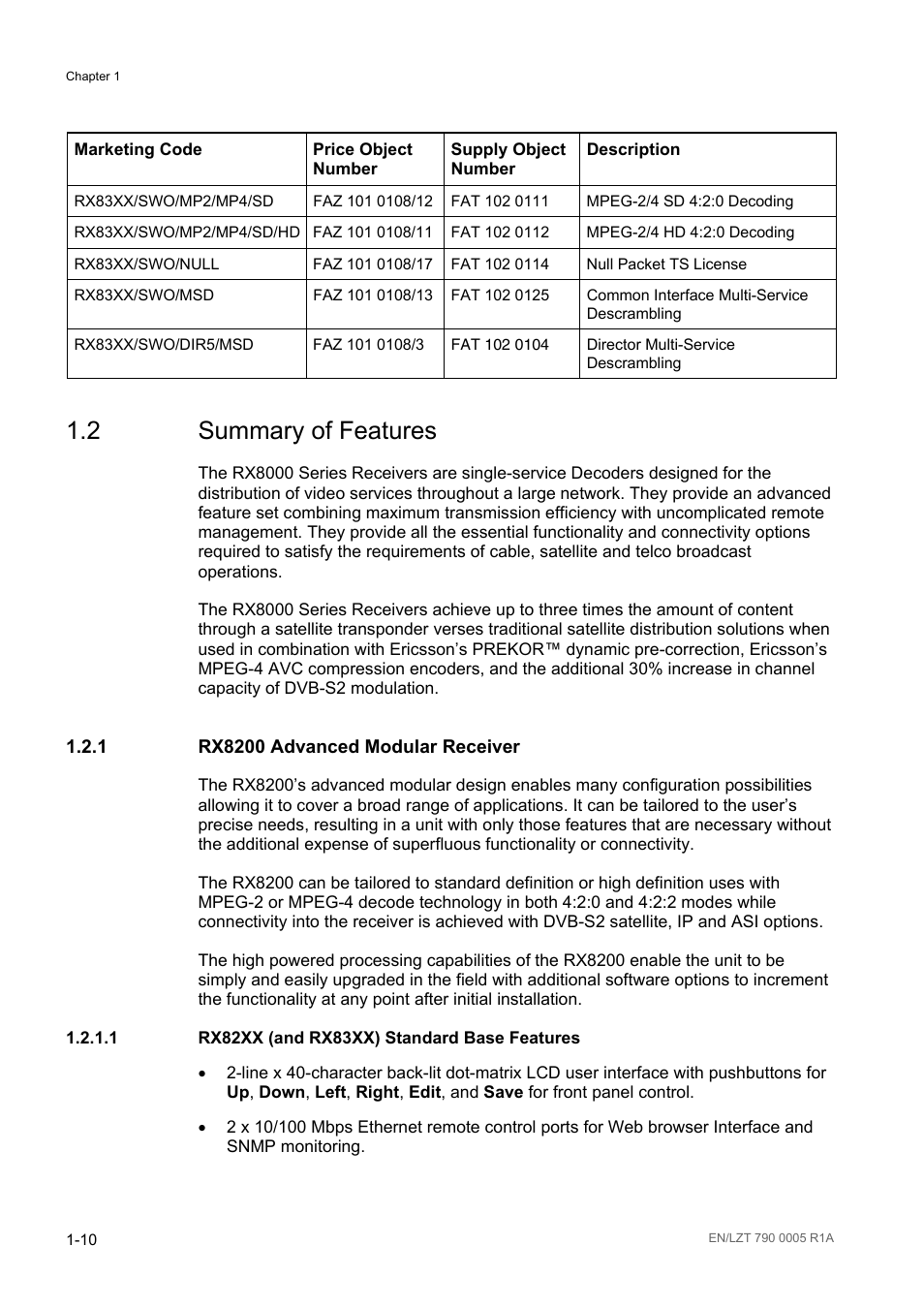 2 summary of features, 1 rx8200 advanced modular receiver, 1 rx82xx (and rx83xx) standard base features | Summary of features -10, Rx8200 advanced modular receiver -10, Rx82xx (and rx83xx) standard base features -10 | Ericsson RX8000 Series User Manual | Page 18 / 236