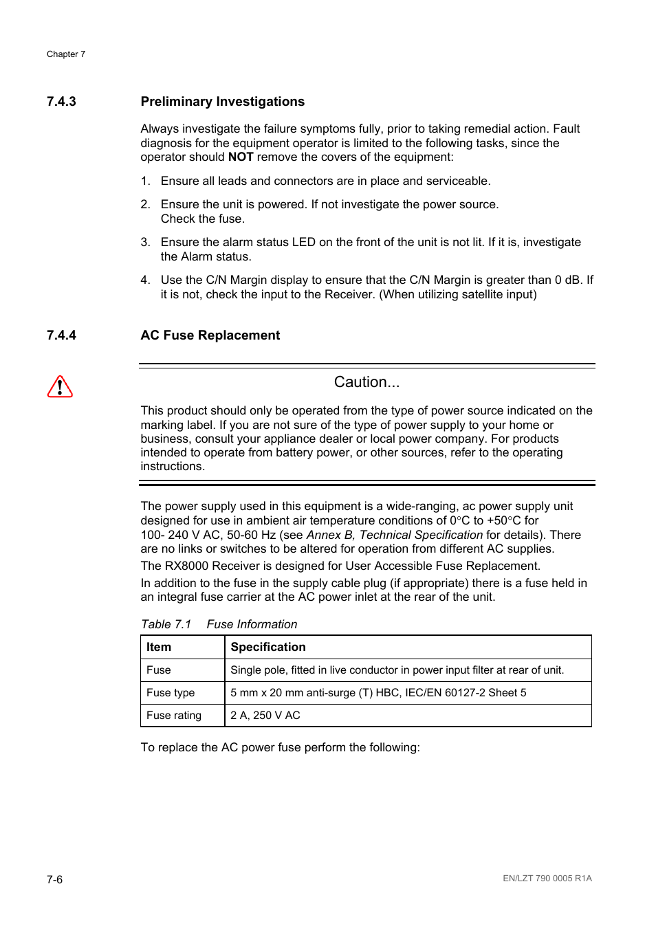 3 preliminary investigations, 4 ac fuse replacement, Preliminary investigations -6 | Ac fuse replacement -6, Table 7.1, Fuse information -6, Caution | Ericsson RX8000 Series User Manual | Page 180 / 236