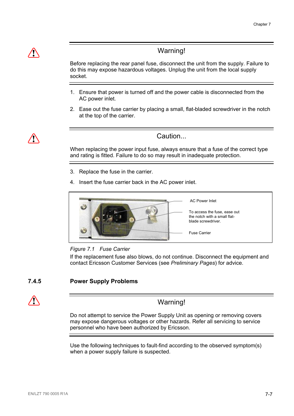 5 power supply problems, Power supply problems -7, Figure 7.1 | Fuse carrier -7, Warning, Caution | Ericsson RX8000 Series User Manual | Page 181 / 236