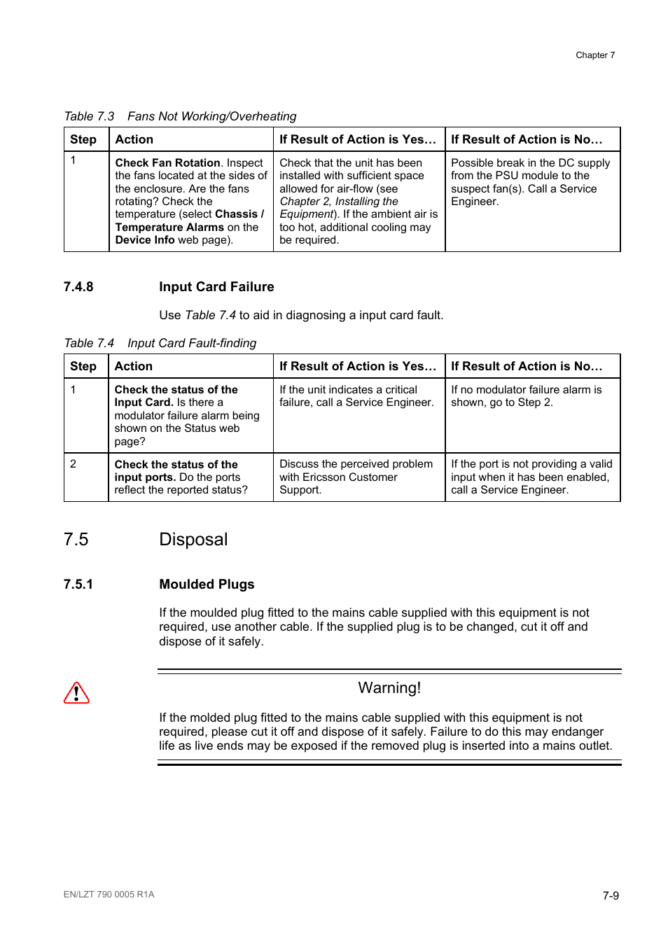 8 input card failure, 5 disposal, 1 moulded plugs | Input card failure -9, Disposal -9, Moulded plugs -9, Table 7.3, Fans not working/overheating -9, Table 7.4, Input card fault-finding -9 | Ericsson RX8000 Series User Manual | Page 183 / 236