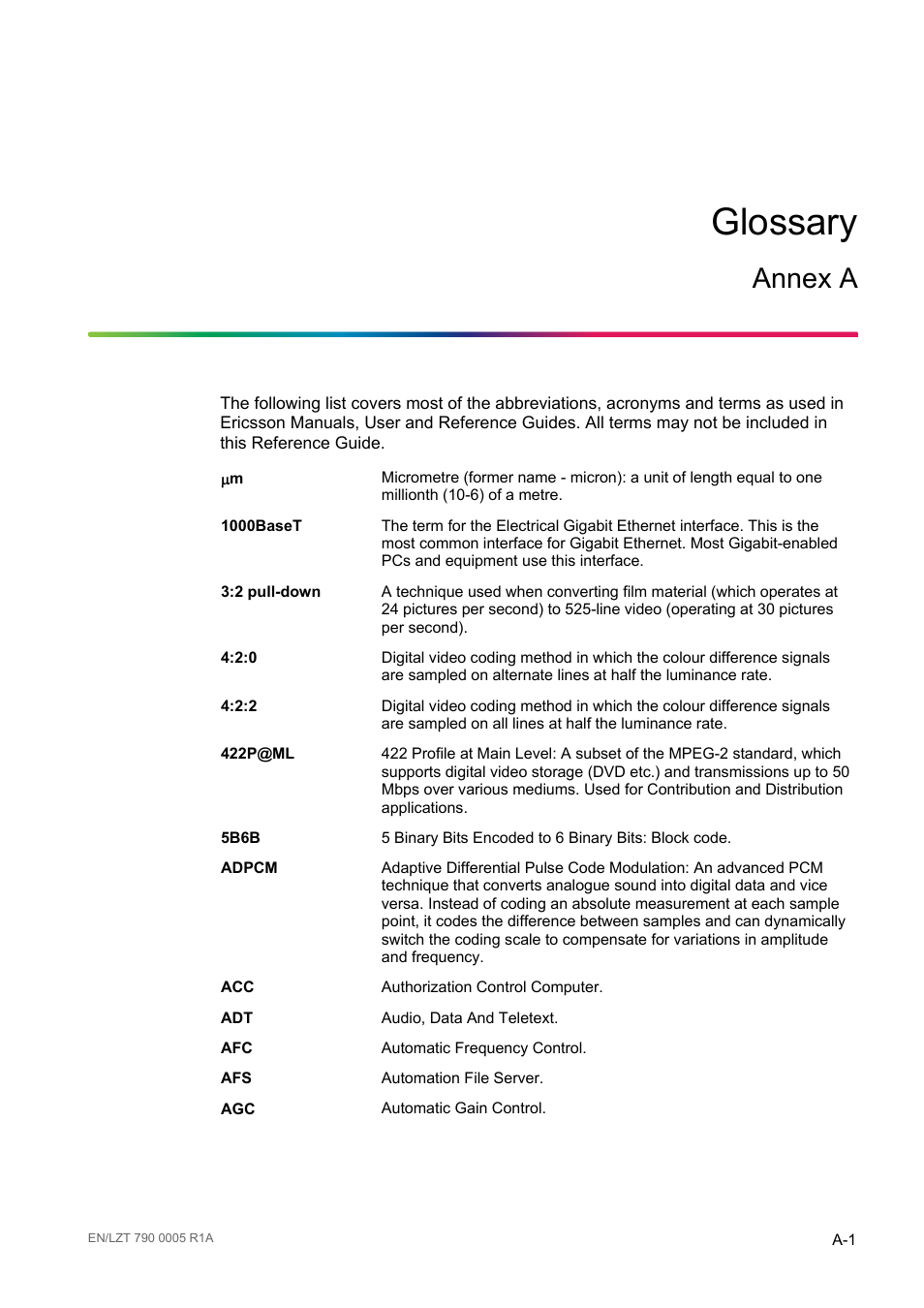 Tp_re_e10274_aa_2, A glossary, Annex a | Aglossary | Ericsson RX8000 Series User Manual | Page 185 / 236