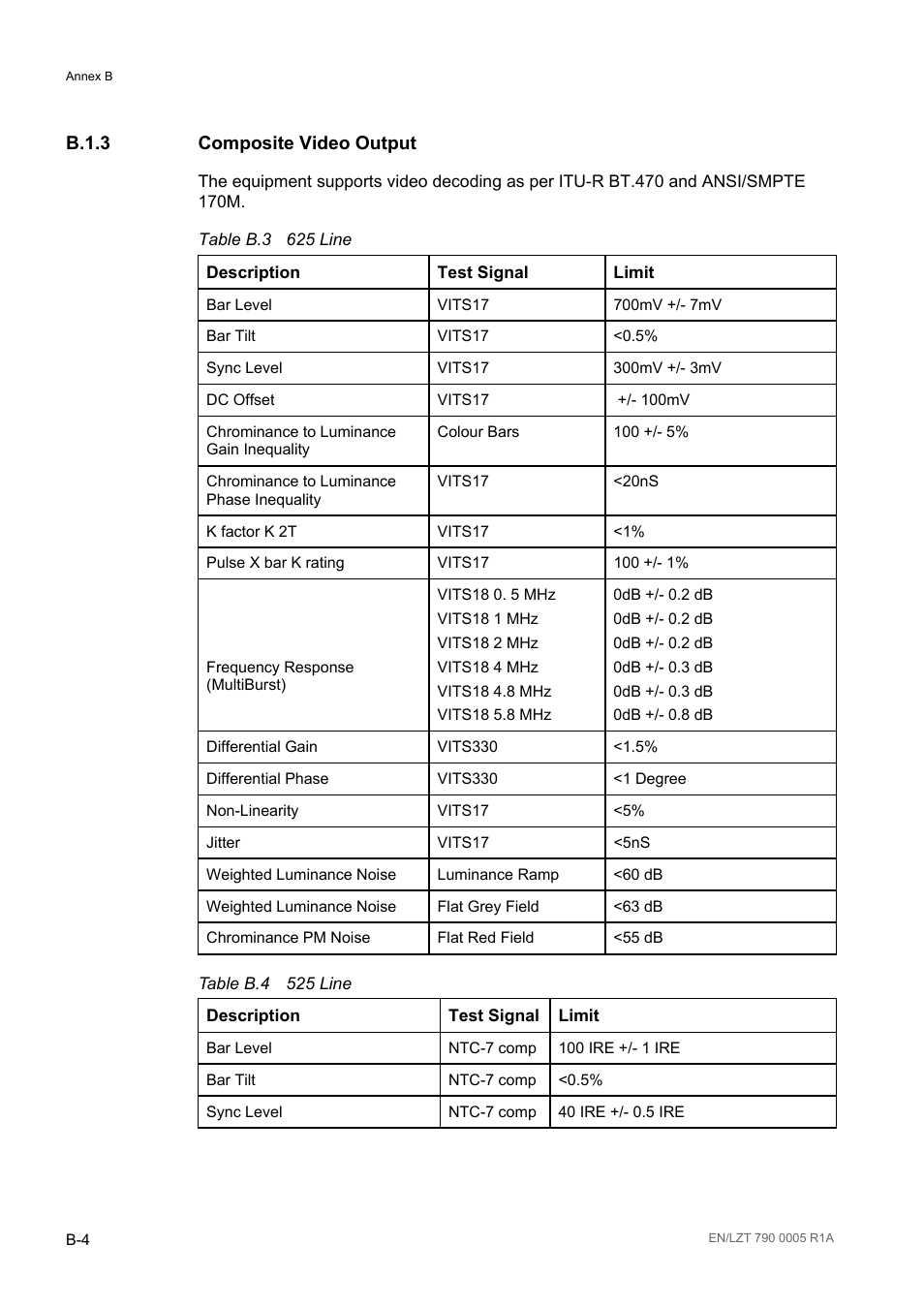 B.1.3 composite video output, B.1.3, Table b.3 | Table b.4 | Ericsson RX8000 Series User Manual | Page 208 / 236