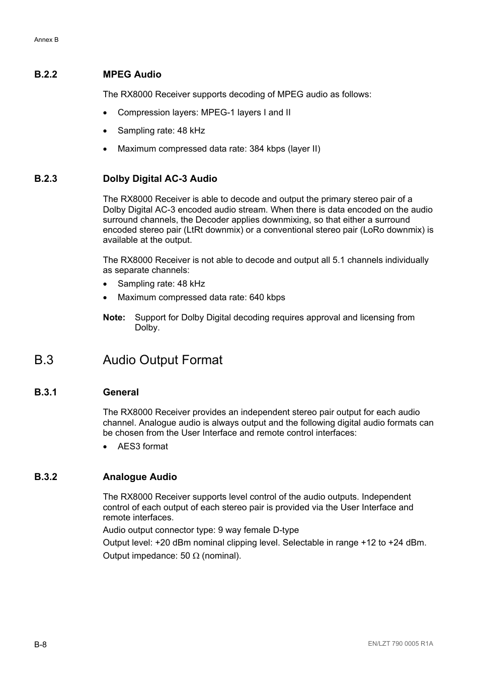 B.2.2 mpeg audio, B.2.3 dolby digital ac-3 audio, B.3 audio output format | B.3.1 general, B.3.2 analogue audio, B.2.2, B.2.3, B.3.1, B.3.2 | Ericsson RX8000 Series User Manual | Page 212 / 236