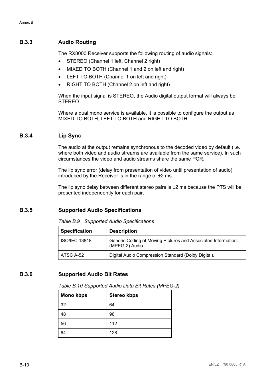 B.3.3 audio routing, B.3.4 lip sync, B.3.5 supported audio specifications | B.3.6 supported audio bit rates, B.3.3, B.3.4, B.3.5, B.3.6, Table b.9, Table b.10 | Ericsson RX8000 Series User Manual | Page 214 / 236