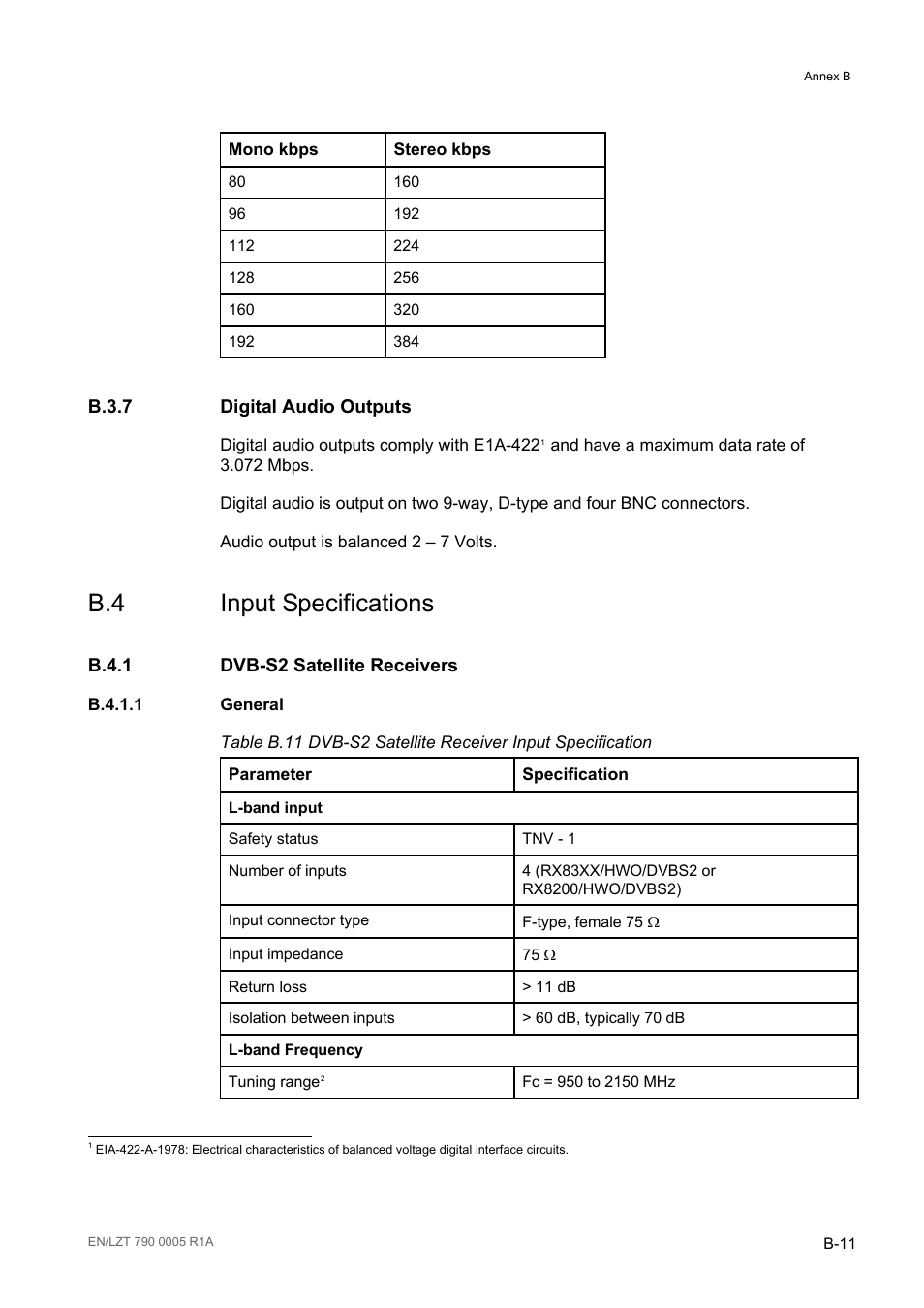 B.3.7 digital audio outputs, B.4 input specifications, B.4.1 dvb-s2 satellite receivers | B.4.1.1 general, B.3.7, B.4.1, B.4.1.1, Table b.11 | Ericsson RX8000 Series User Manual | Page 215 / 236