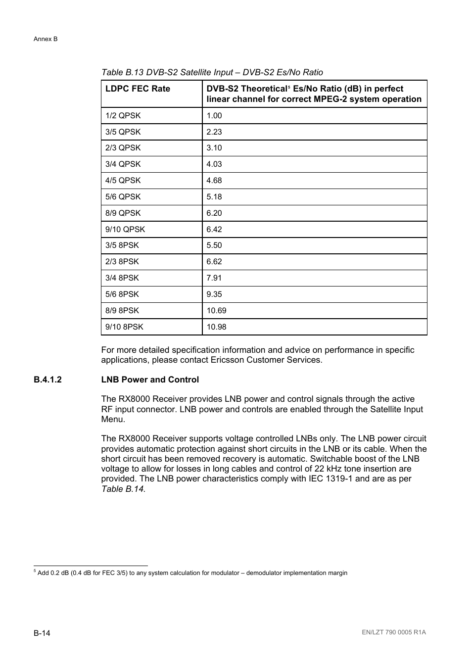 B.4.1.2 lnb power and control, B.4.1.2, Table b.13 | Table b.13 for dvb-s2 | Ericsson RX8000 Series User Manual | Page 218 / 236