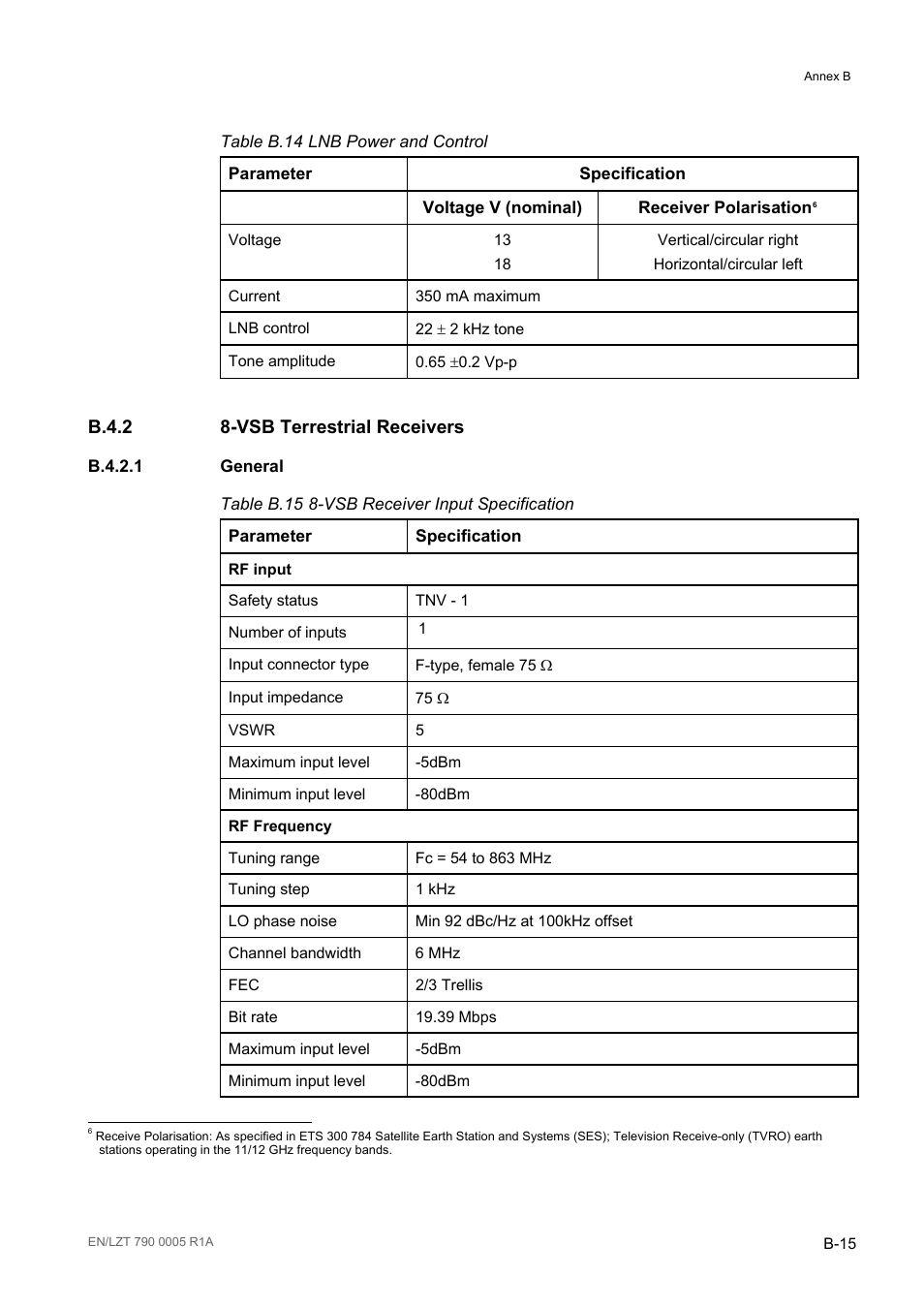 B.4.2 8-vsb terrestrial receivers, B.4.2.1 general, B.4.2 | B.4.2.1, Table b.14, Table b.15 | Ericsson RX8000 Series User Manual | Page 219 / 236