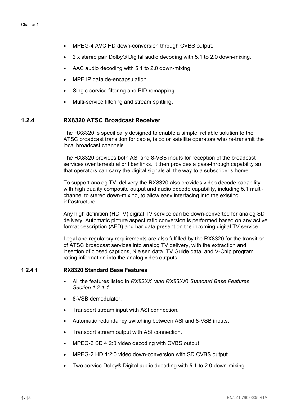 4 rx8320 atsc broadcast receiver, 1 rx8320 standard base features, Rx8320 atsc broadcast receiver -14 | Rx8320 standard base features -14 | Ericsson RX8000 Series User Manual | Page 22 / 236