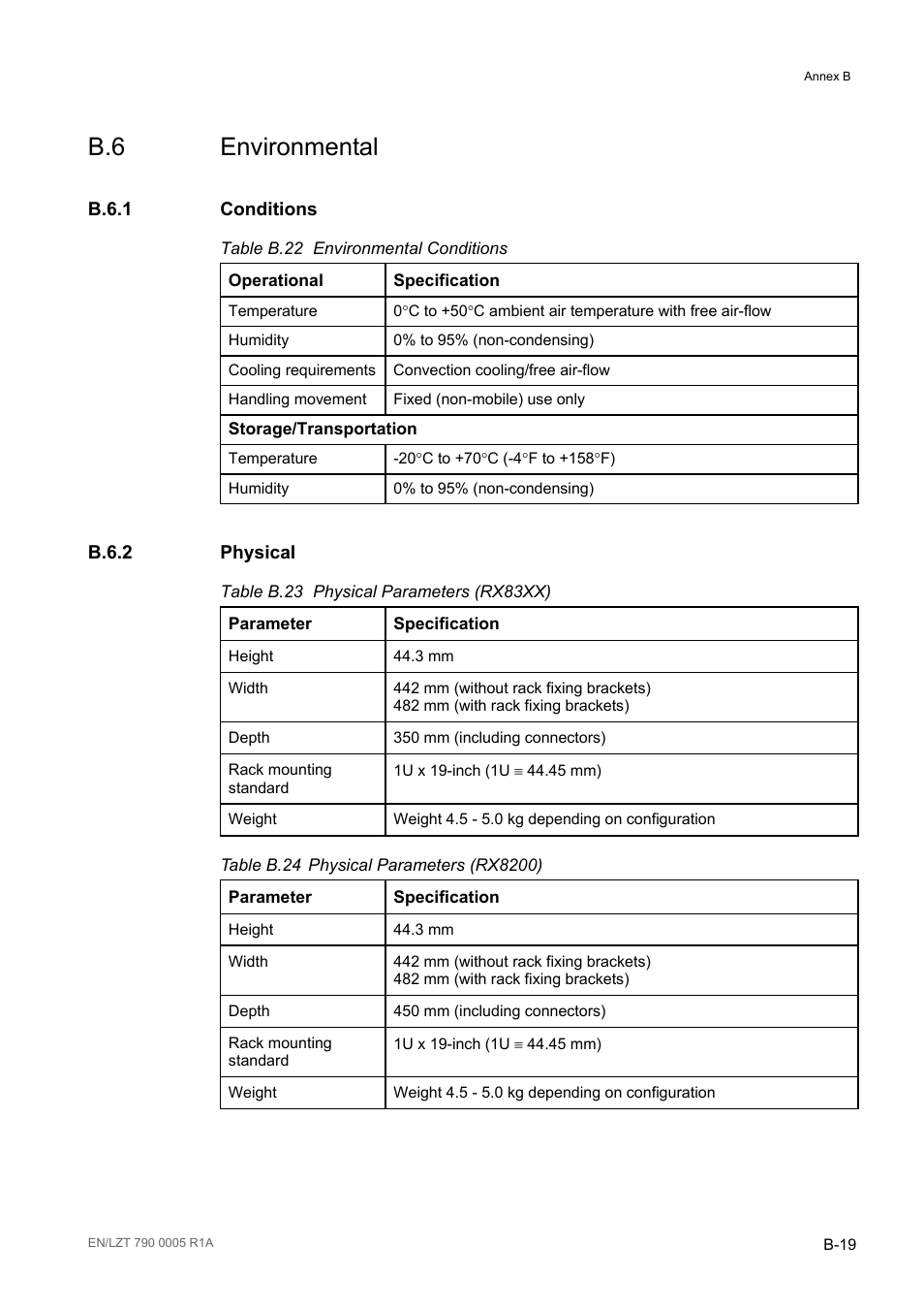 B.6 environmental, B.6.1 conditions, B.6.2 physical | B.6.1, B.6.2, Table b.22, Table b.23, Table b.24 | Ericsson RX8000 Series User Manual | Page 223 / 236