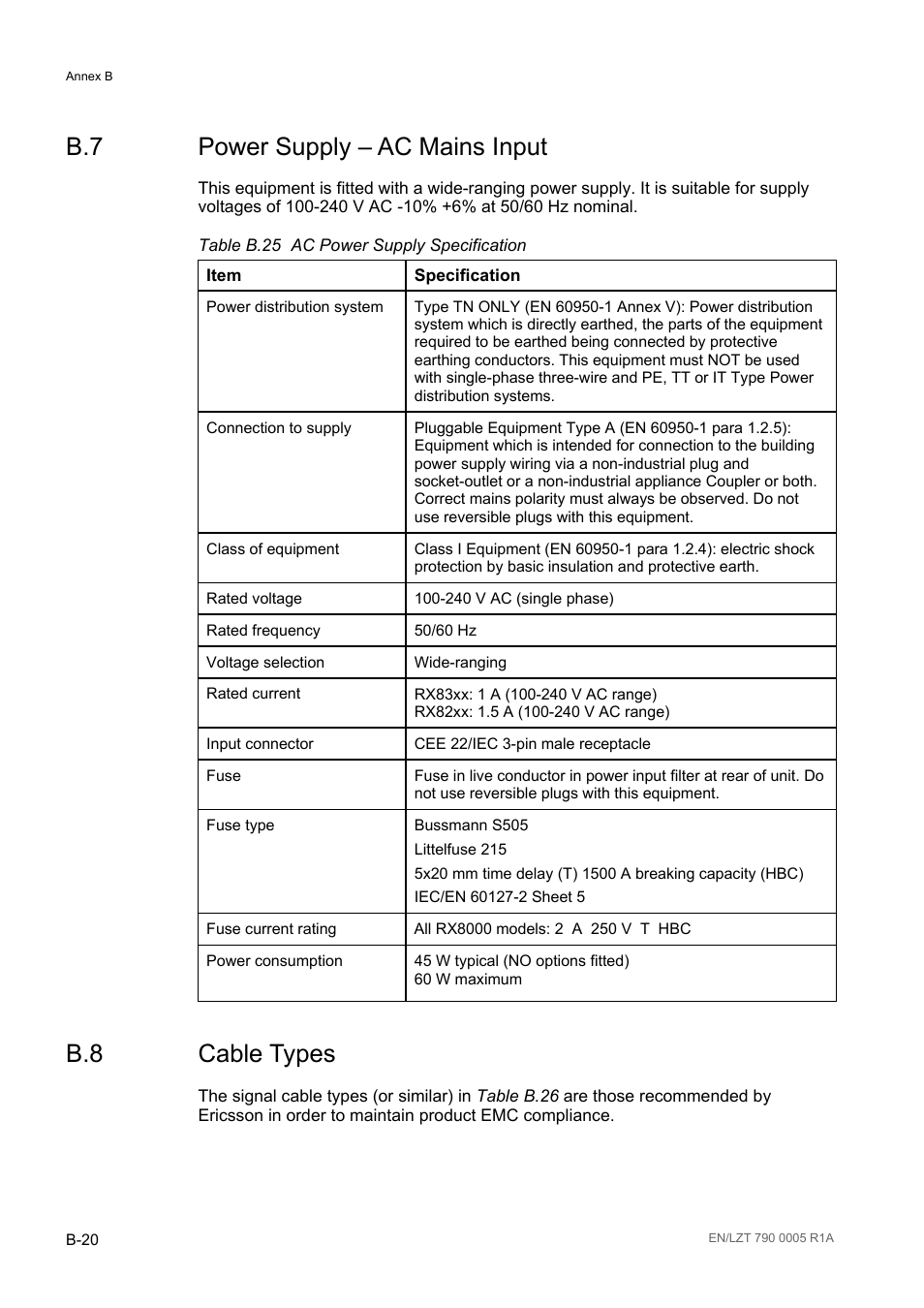 B.7 power supply – ac mains input, B.8 cable types, Table b.25 | Ericsson RX8000 Series User Manual | Page 224 / 236