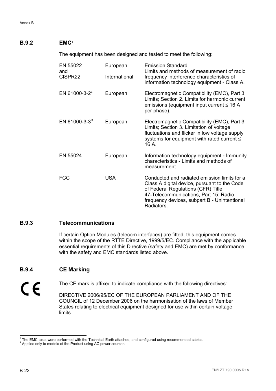 B.9.2 emc, B.9.3 telecommunications, B.9.4 ce marking | B.9.2, B.9.3, B.9.4 | Ericsson RX8000 Series User Manual | Page 226 / 236
