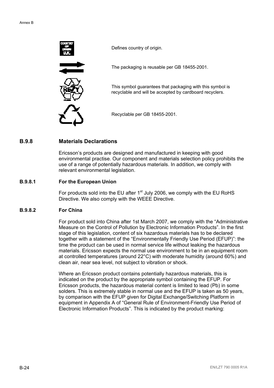 B.9.8 materials declarations, B.9.8.1 for the european union, B.9.8.2 for china | B.9.8, B.9.8.1, B.9.8.2 | Ericsson RX8000 Series User Manual | Page 228 / 236