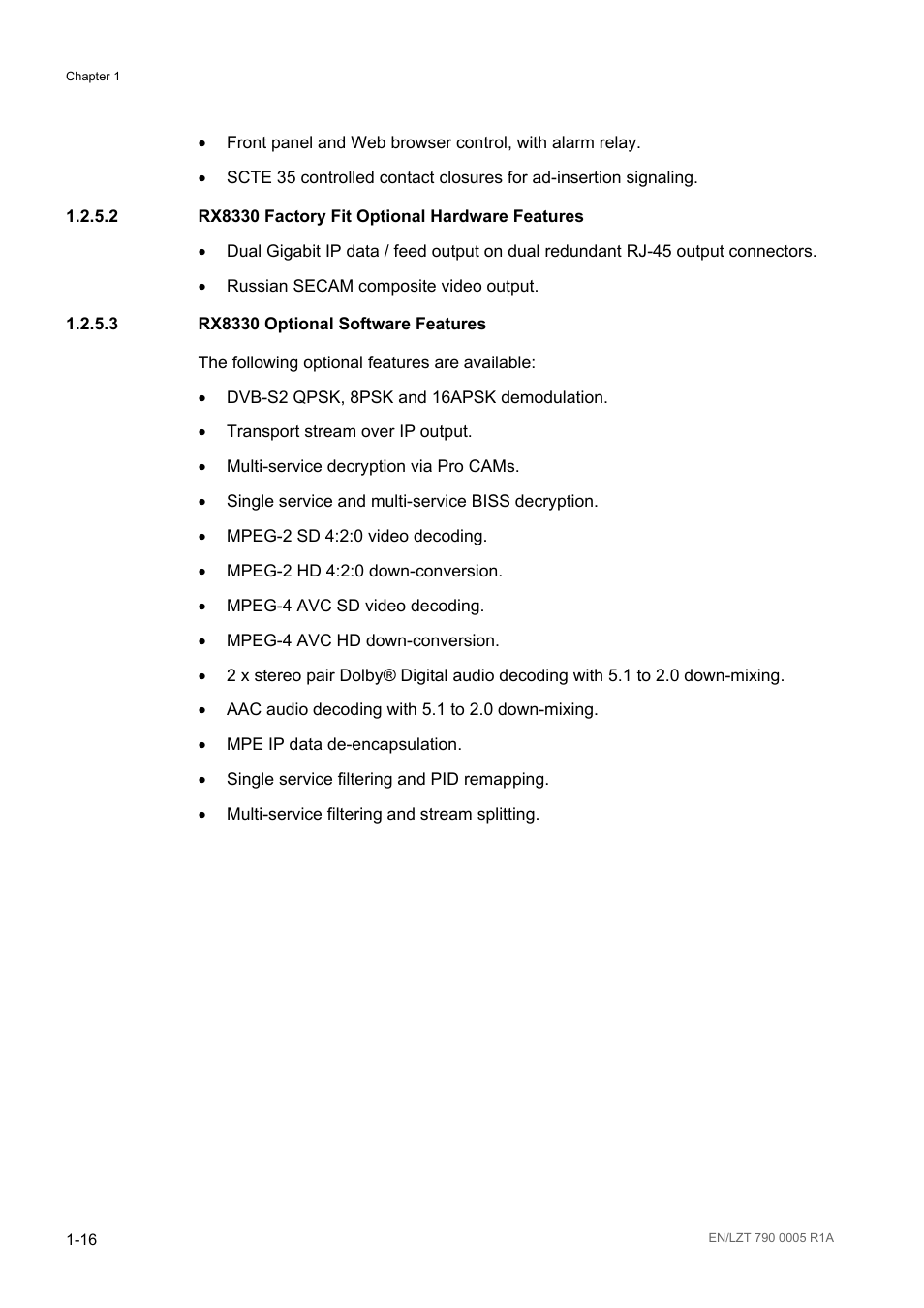 2 rx8330 factory fit optional hardware features, 3 rx8330 optional software features, Rx8330 factory fit optional hardware features -16 | Rx8330 optional software features -16 | Ericsson RX8000 Series User Manual | Page 24 / 236