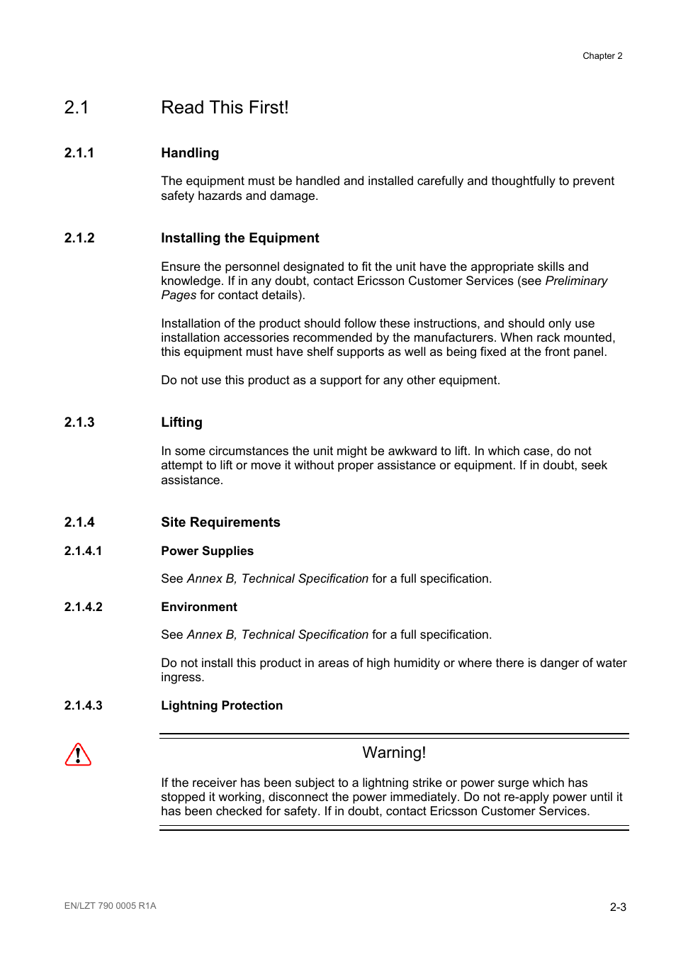 1 read this first, 1 handling, 2 installing the equipment | 3 lifting, 4 site requirements, 1 power supplies, 2 environment, 3 lightning protection, Read this first! -3, Handling -3 | Ericsson RX8000 Series User Manual | Page 35 / 236