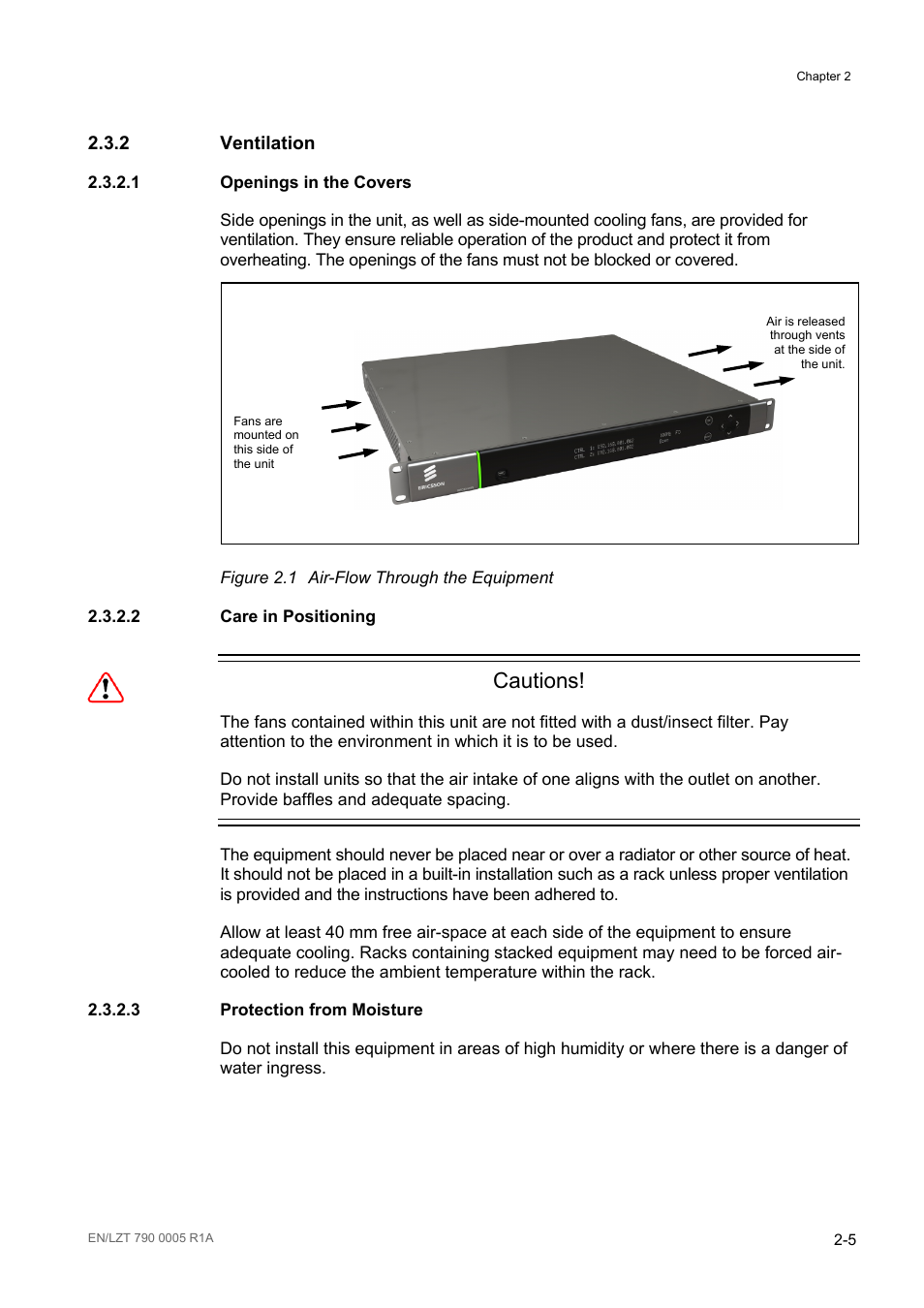 2 ventilation, 1 openings in the covers, 2 care in positioning | 3 protection from moisture, Ventilation -5, Openings in the covers -5, Care in positioning -5, Protection from moisture -5, Figure 2.1, Air-flow through the equipment -5 | Ericsson RX8000 Series User Manual | Page 37 / 236