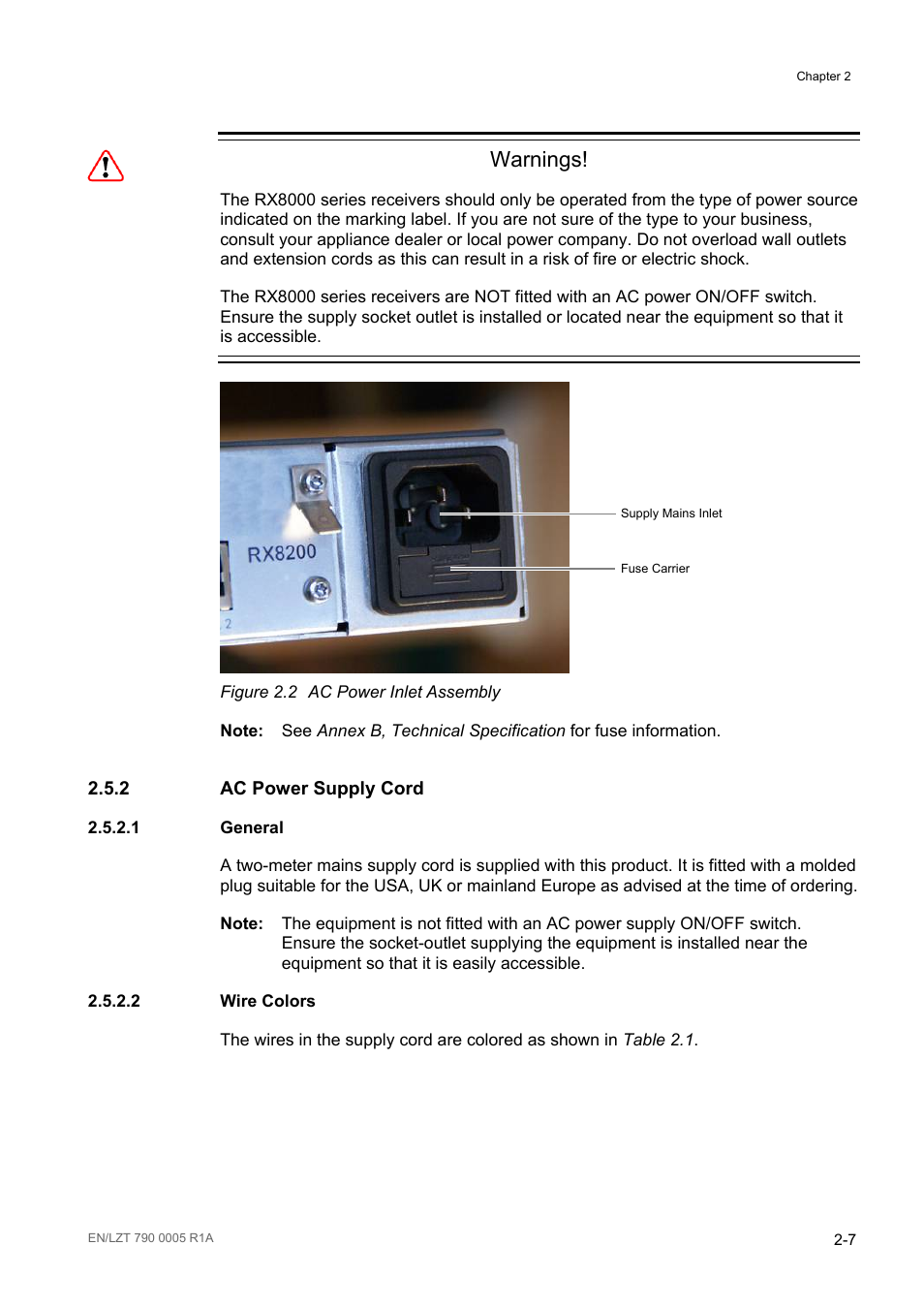 2 ac power supply cord, 1 general, 2 wire colors | Ac power supply cord -7, General -7, Wire colors -7, Figure 2.2, Ac power inlet assembly -7, Warnings | Ericsson RX8000 Series User Manual | Page 39 / 236