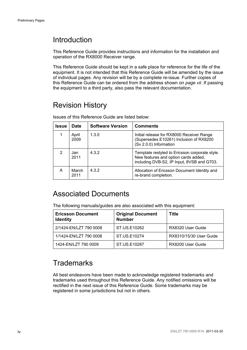 Introduction, Revision history, Associated documents | Trademarks | Ericsson RX8000 Series User Manual | Page 4 / 236