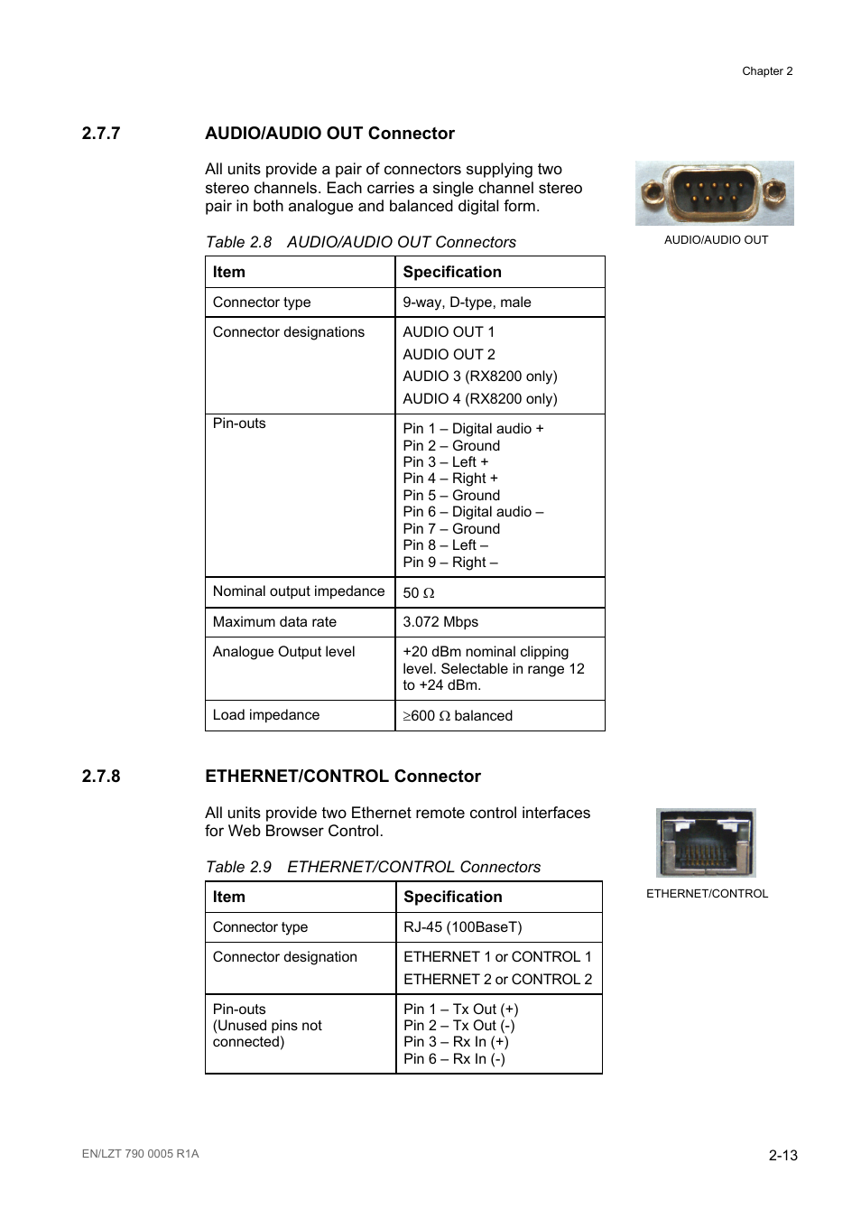 7 audio/audio out connector, 8 ethernet/control connector, Audio/audio out connector -13 | Ethernet/control connector -13, Table 2.8, Audio/audio out connectors -13, Table 2.9, Ethernet/control connectors -13 | Ericsson RX8000 Series User Manual | Page 45 / 236