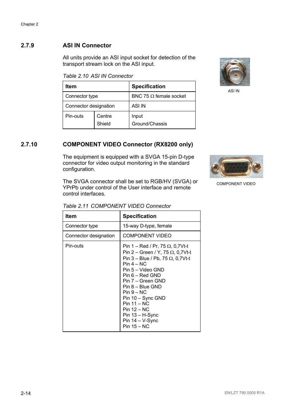 9 asi in connector, 10 component video connector (rx8200 only), Asi in connector -14 | Component video connector (rx8200 only) -14, Table 2.10, Table 2.11, Component video connector -14 | Ericsson RX8000 Series User Manual | Page 46 / 236