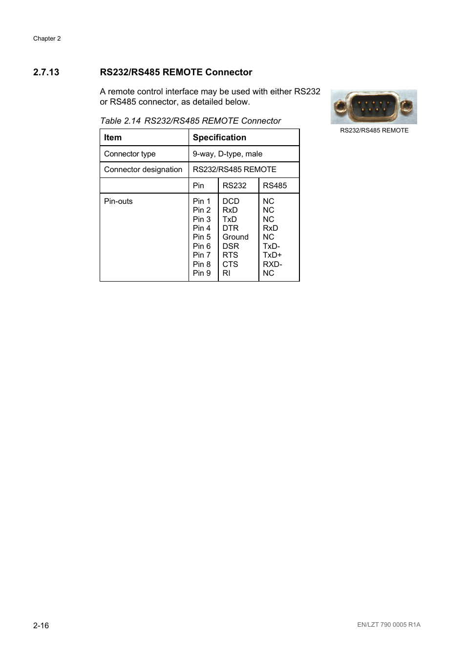 13 rs232/rs485 remote connector, Rs232/rs485 remote connector -16, Table 2.14 | Ericsson RX8000 Series User Manual | Page 48 / 236