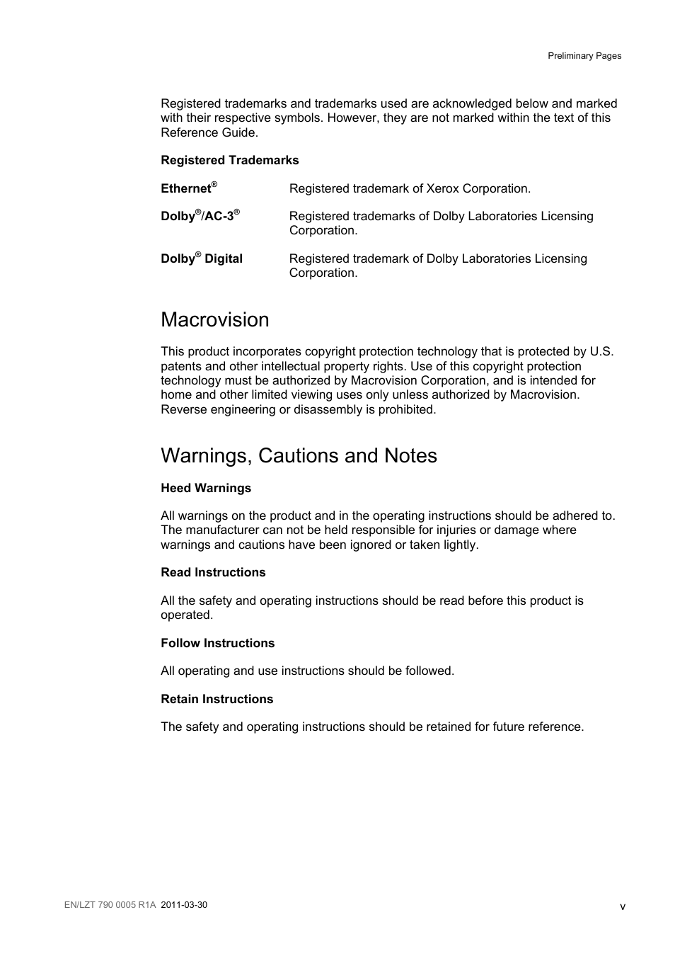 Macrovision, Warnings, cautions and notes | Ericsson RX8000 Series User Manual | Page 5 / 236