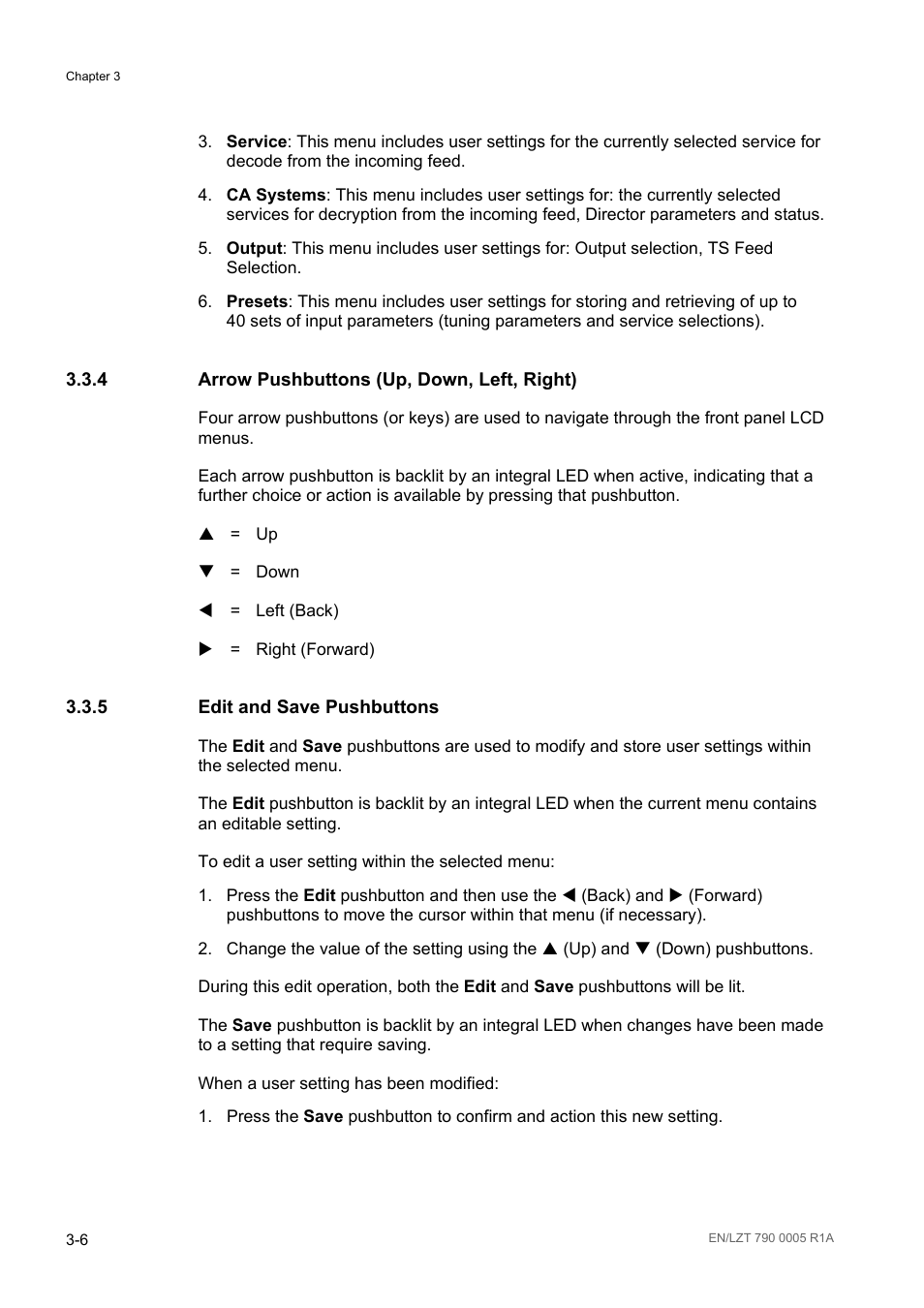 4 arrow pushbuttons (up, down, left, right), 5 edit and save pushbuttons, Arrow pushbuttons (up, down, left, right) -6 | Edit and save pushbuttons -6 | Ericsson RX8000 Series User Manual | Page 54 / 236