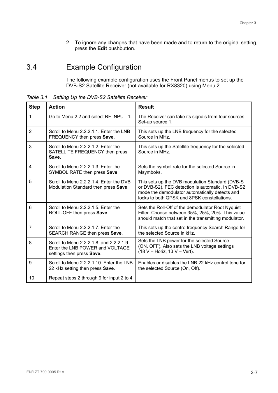4 example configuration, Example configuration -7, Table 3.1 | Setting up the dvb-s2 satellite receiver -7 | Ericsson RX8000 Series User Manual | Page 55 / 236