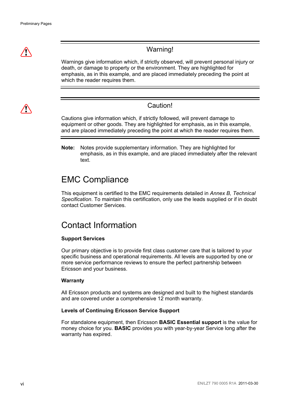 Emc compliance, Contact information, Warning | Caution | Ericsson RX8000 Series User Manual | Page 6 / 236