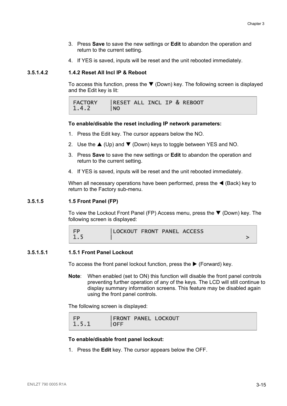 2 1.4.2 reset all incl ip & reboot, 5 1.5 front panel (fp), 1 1.5.1 front panel lockout | 5 front panel (fp) -15 | Ericsson RX8000 Series User Manual | Page 63 / 236