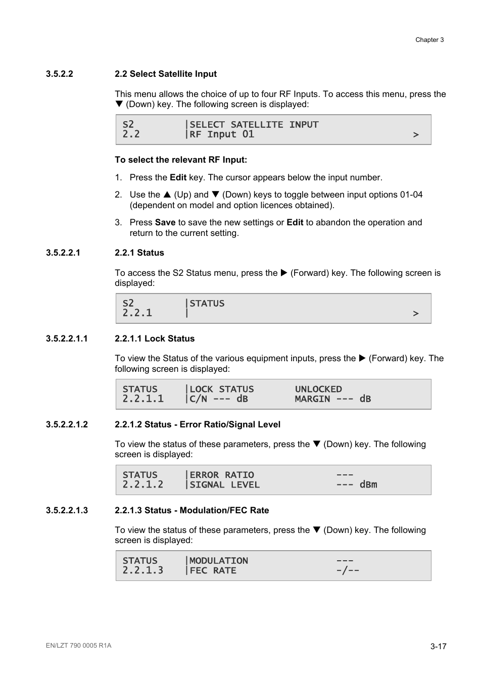 2 2.2 select satellite input, 1 2.2.1 status, 2 select satellite input -17 | Ericsson RX8000 Series User Manual | Page 65 / 236