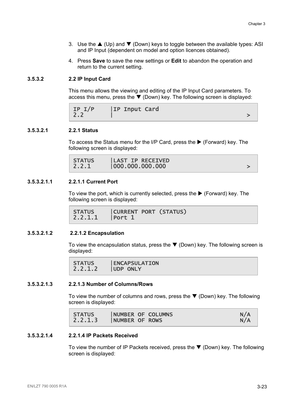 2 2.2 ip input card, 1 2.2.1 status, 2 ip input card -23 | Ericsson RX8000 Series User Manual | Page 71 / 236