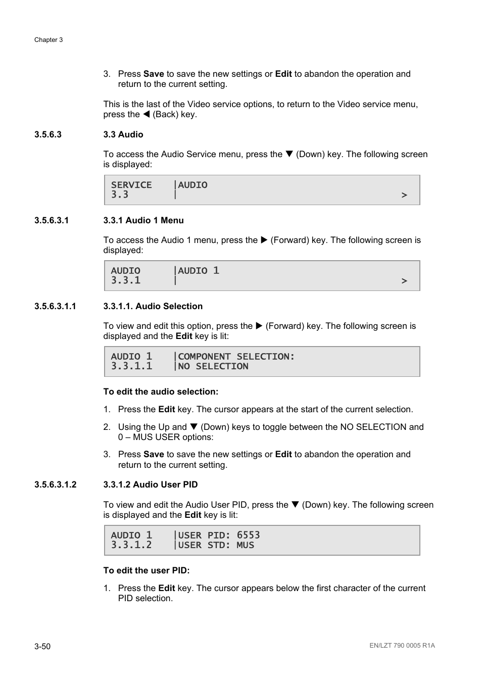 3 3.3 audio, 1 3.3.1 audio 1 menu, 3 audio -50 | Ericsson RX8000 Series User Manual | Page 98 / 236