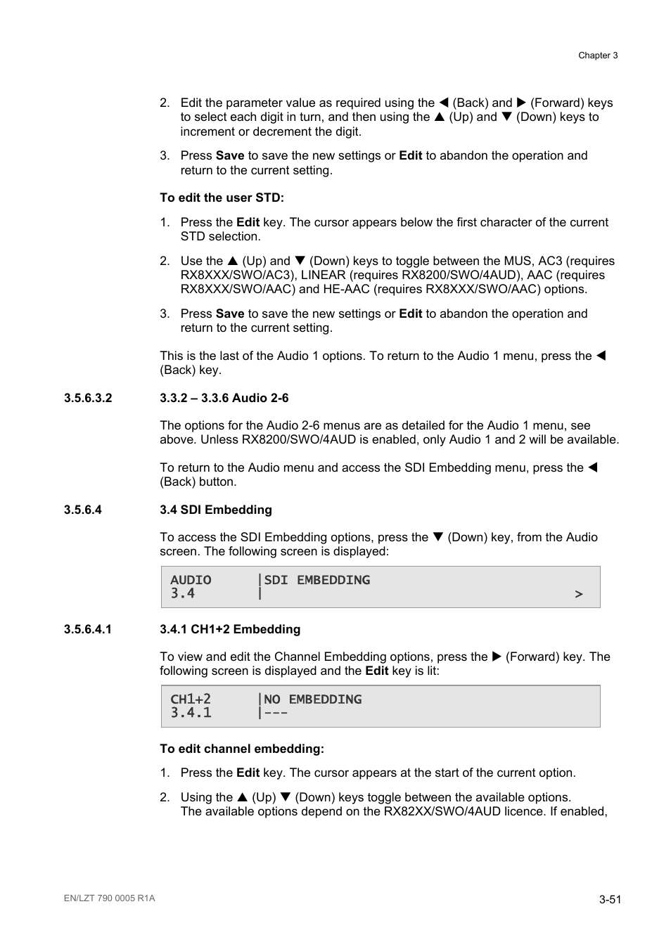 2 3.3.2 – 3.3.6 audio 2-6, 4 3.4 sdi embedding, 1 3.4.1 ch1+2 embedding | 4 sdi embedding -51 | Ericsson RX8000 Series User Manual | Page 99 / 236