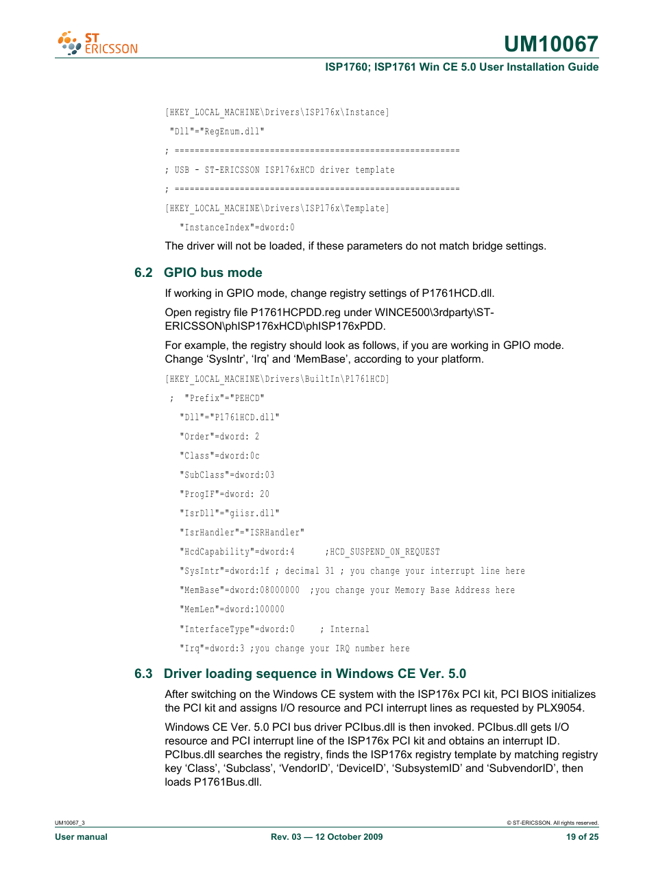 2 gpio bus mode, 3 driver loading sequence in windows ce ver. 5.0 | Ericsson UM10067 User Manual | Page 19 / 25