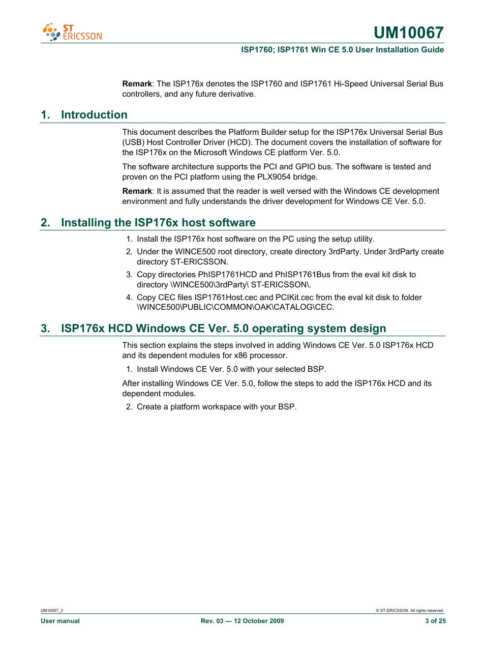 Introduction, Installing the isp176x host software | Ericsson UM10067 User Manual | Page 3 / 25