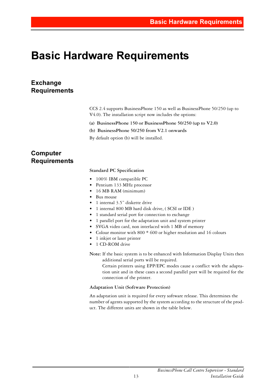 Basic hardware requirements, Exchange requirements, Computer requirements | Dvlf +dugzduh 5htxluhphqwv | Ericsson BusinessPhone User Manual | Page 13 / 61