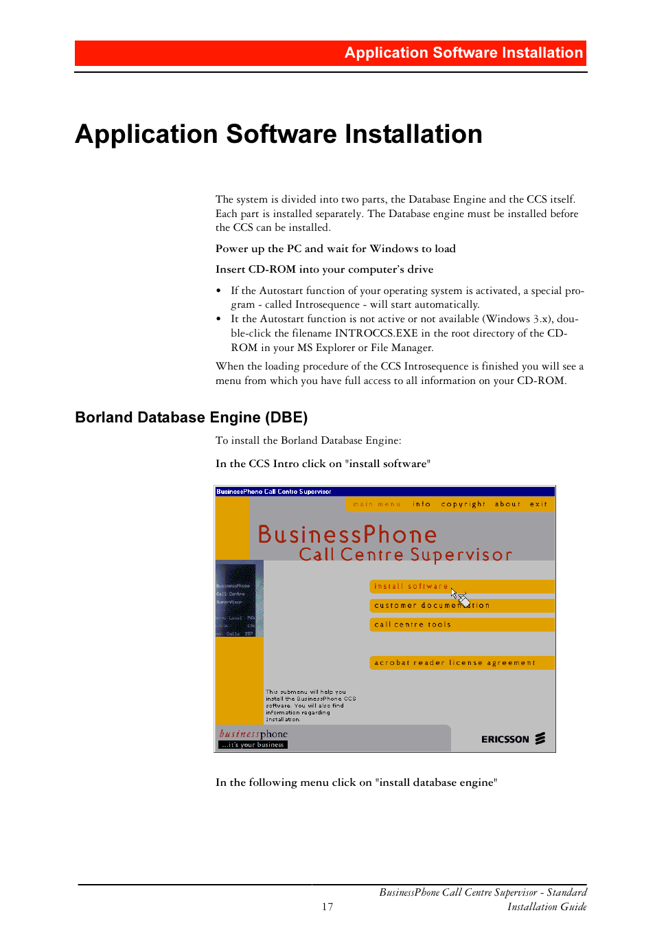 Application software installation, Borland database engine (dbe), Ssolfdwlrq 6riwzduh ,qvwdoodwlrq | Ruodqg 'dwdedvh (qjlqh | Ericsson BusinessPhone User Manual | Page 17 / 61