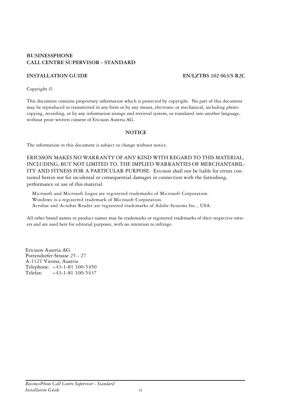 Copyright | Ericsson BusinessPhone User Manual | Page 2 / 61