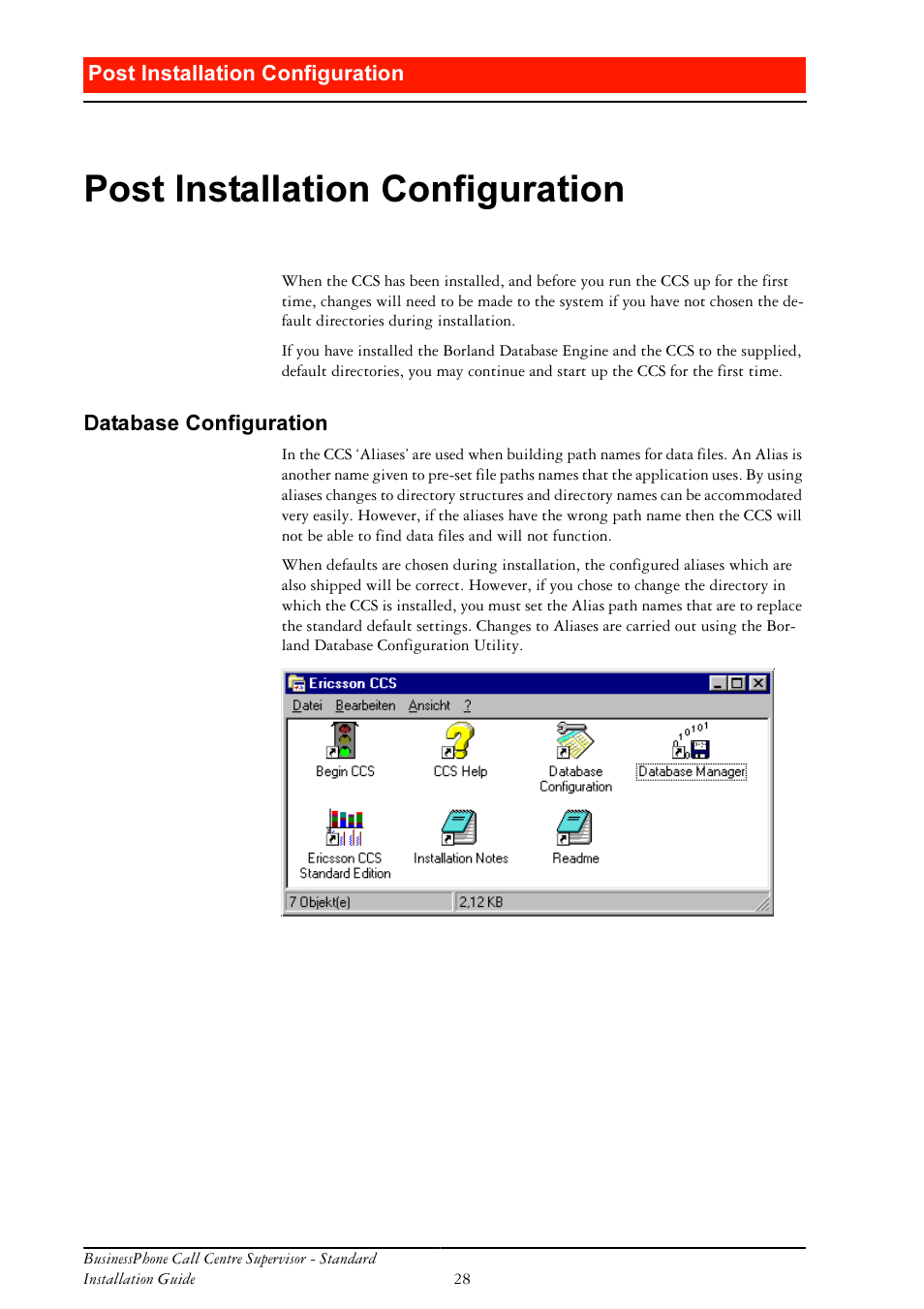 Post installation configuration, Database configuration, 3rvw ,qvwdoodwlrq &rqiljxudwlrq | Ericsson BusinessPhone User Manual | Page 28 / 61