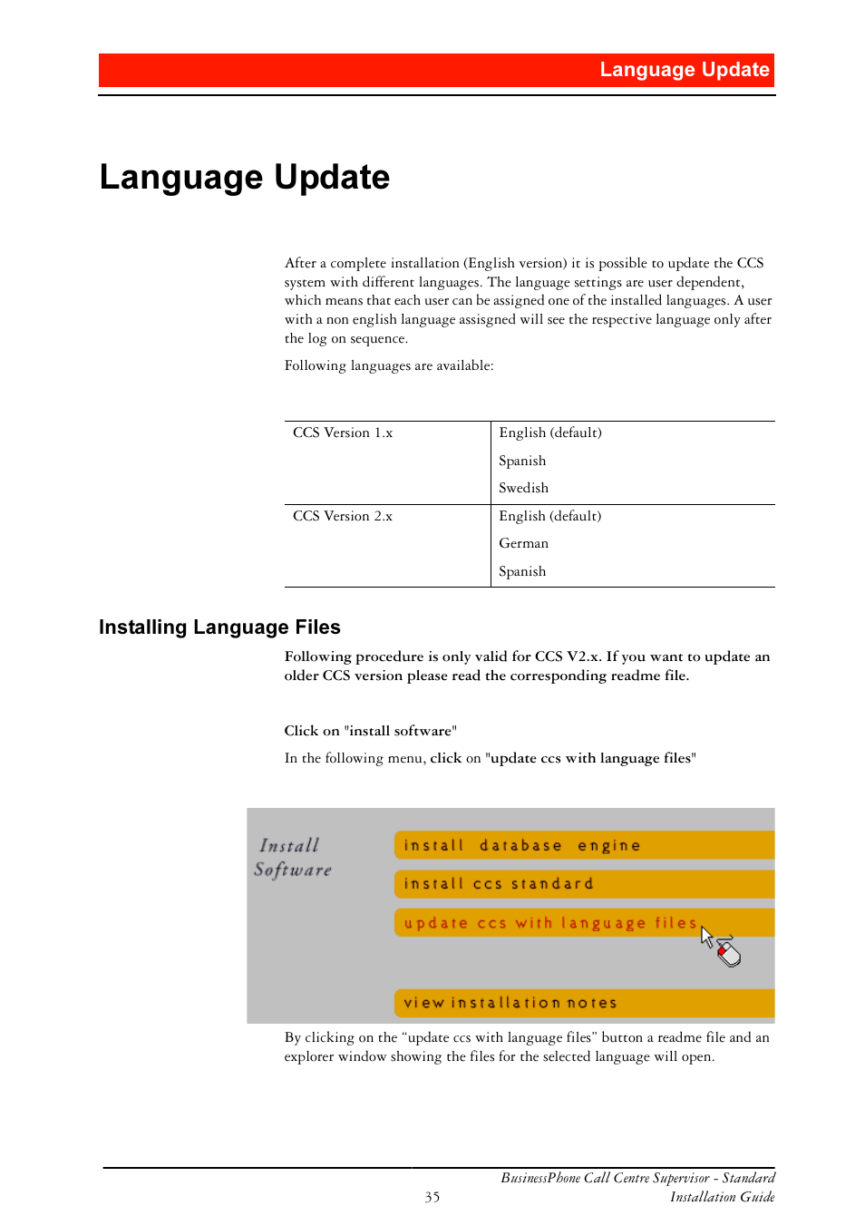 Language update, Installing language files, Dqjxdjh 8sgdwh | Qvwdoolqj /dqjxdjh )lohv | Ericsson BusinessPhone User Manual | Page 35 / 61