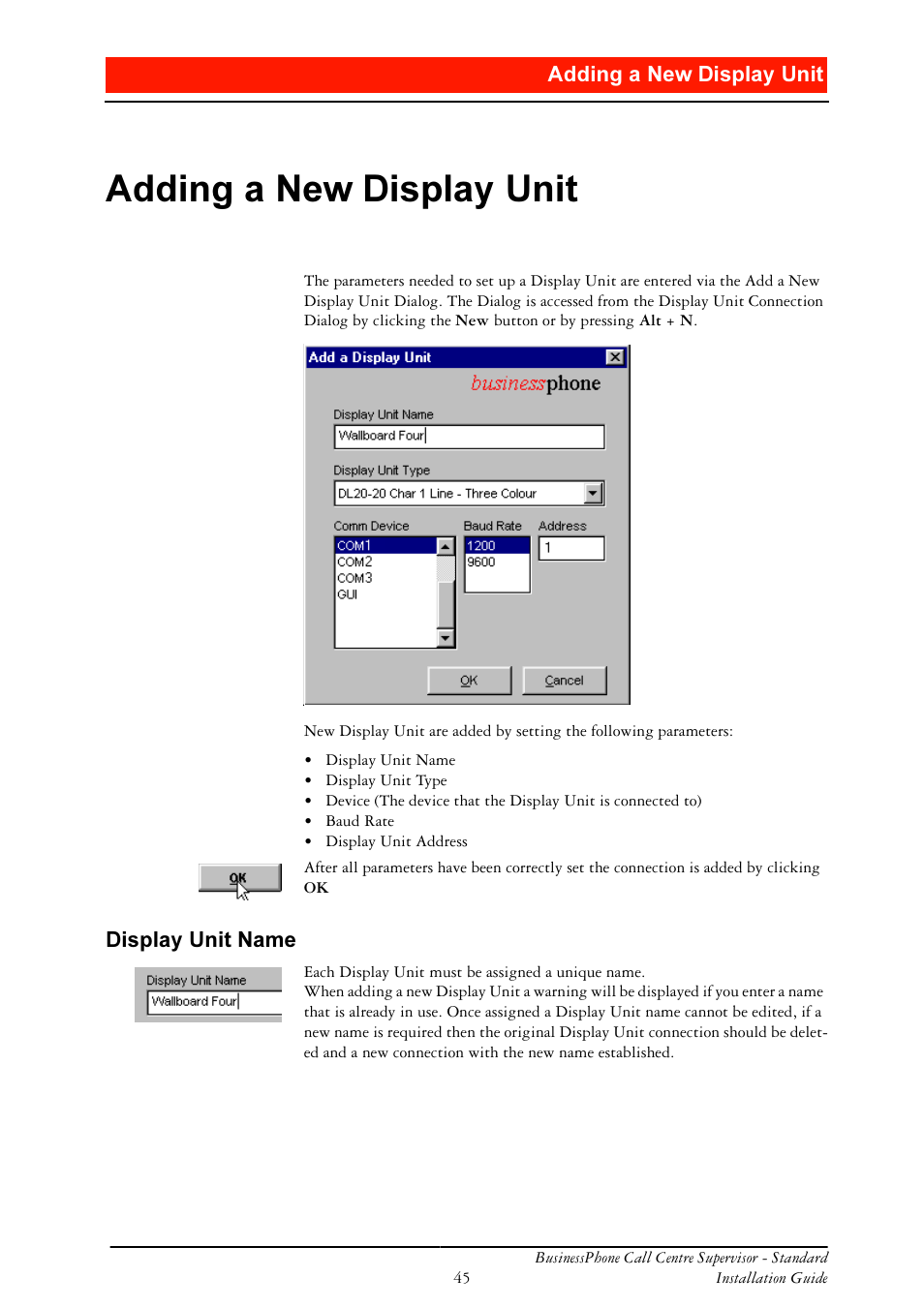 Adding a new display unit, Display unit name, Gglqj d 1hz 'lvsod\ 8qlw | Ericsson BusinessPhone User Manual | Page 45 / 61