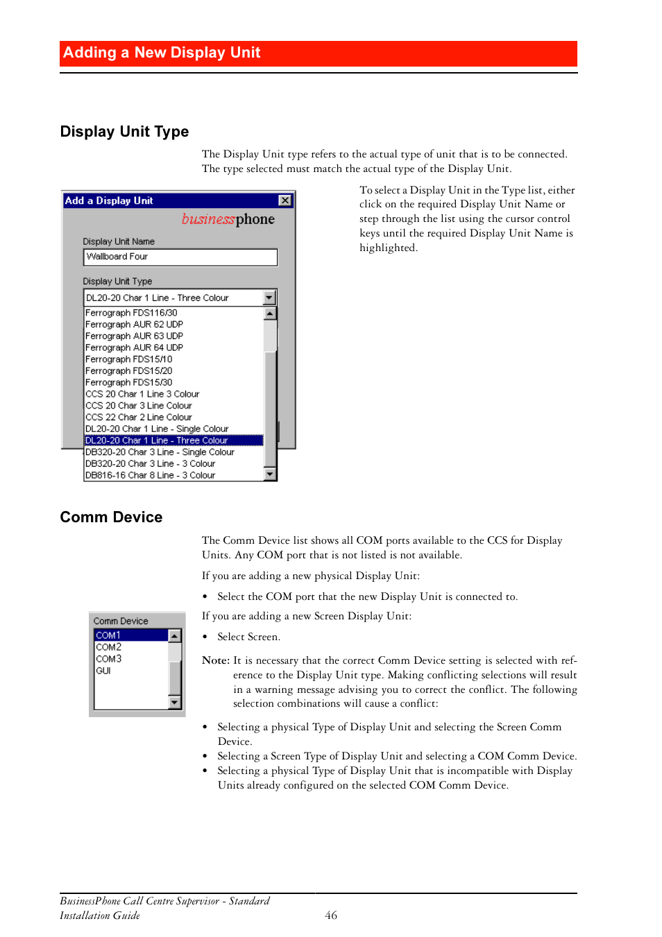 Display unit type, Comm device, Gglqj d 1hz 'lvsod\ 8qlw | Lvsod\ 8qlw 7\sh, Rpp 'hylfh | Ericsson BusinessPhone User Manual | Page 46 / 61