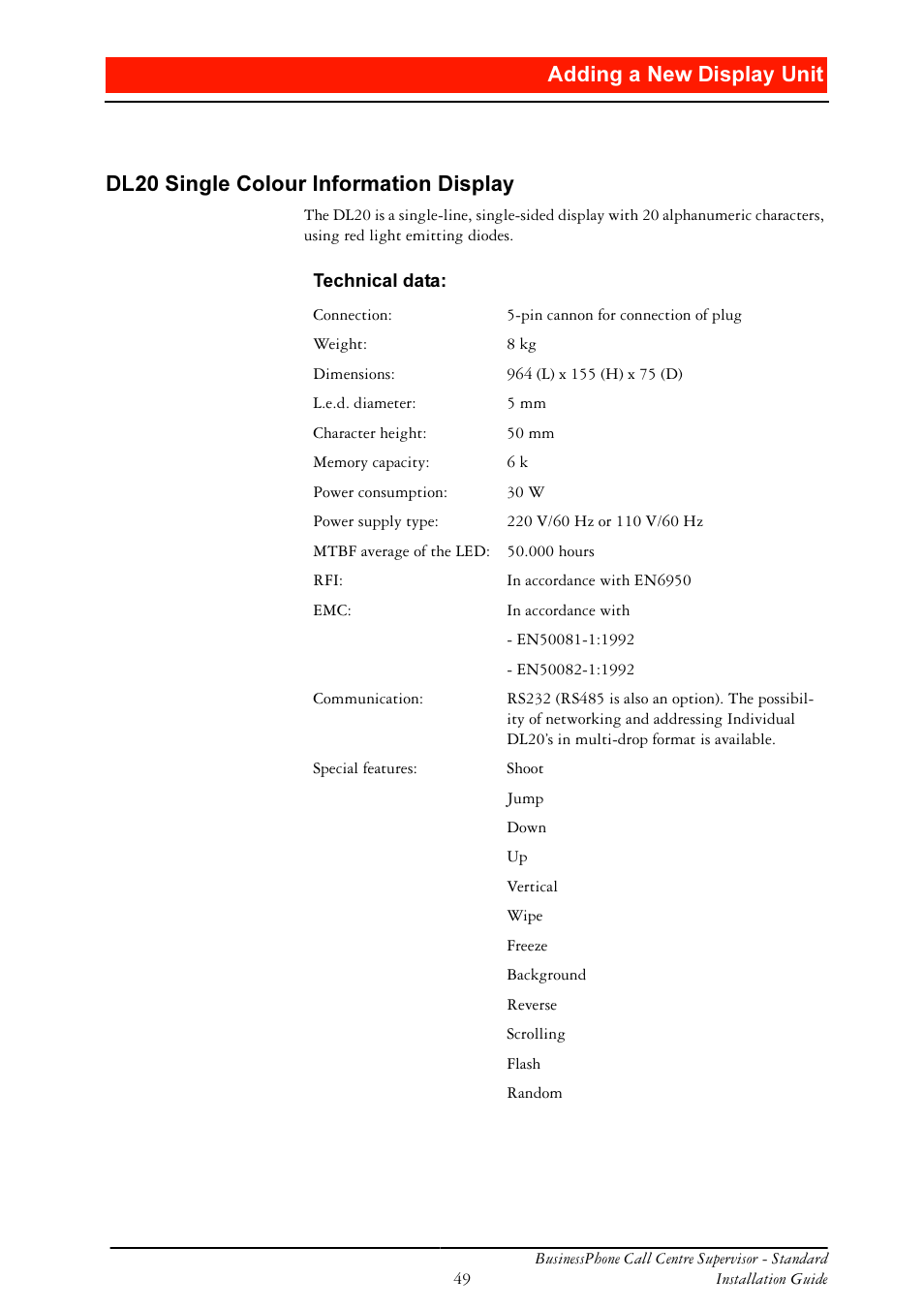 Dl20 single colour information display, Gglqj d 1hz 'lvsod\ 8qlw, 6lqjoh &rorxu ,qirupdwlrq 'lvsod | Ericsson BusinessPhone User Manual | Page 49 / 61