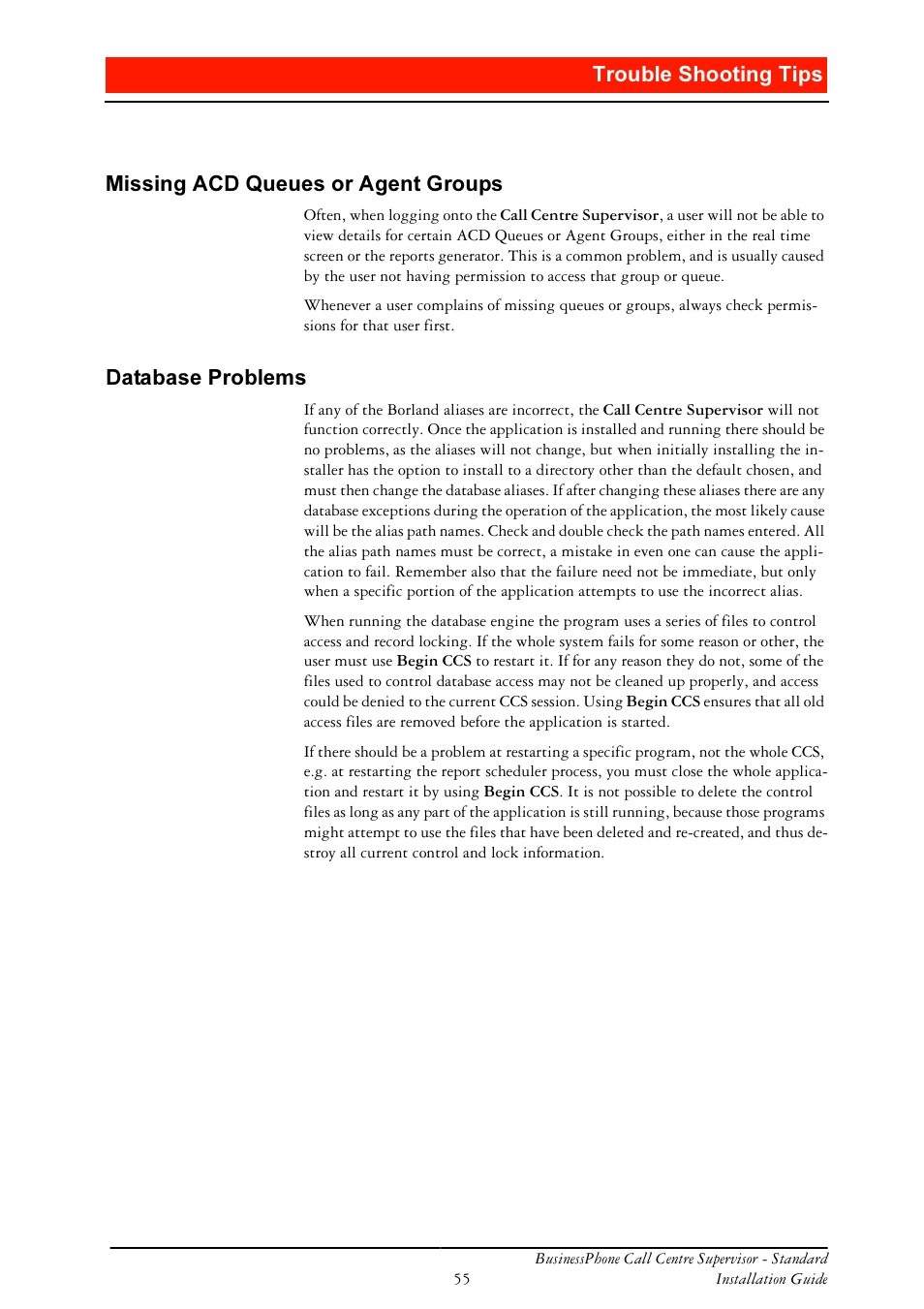 Missing acd queues or agent groups, Database problems, 7urxeoh 6krrwlqj 7lsv | 0lvvlqj $&' 4xhxhv ru $jhqw *urxsv, Dwdedvh 3ureohpv | Ericsson BusinessPhone User Manual | Page 55 / 61