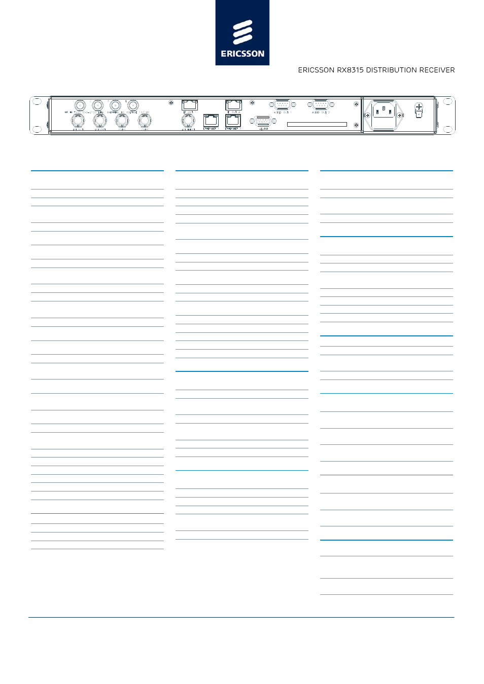 Specifications, Sample configuration, Ericsson rx8315 distribution receiver | Input interfaces, Outputs, Output options, Video and audio options, Features, Conditional access, Stream processing | Ericsson RX8315 User Manual | Page 3 / 3